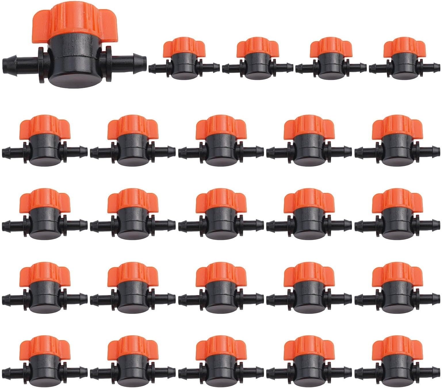 Drip Irrigation Inline Shut-Off Valve for 4/7 Inch Tubing – 25-Piece Pack, Plastic Ball Valve with Barbed Ends for Leak-Proof Connection in Gardens, Lawns,