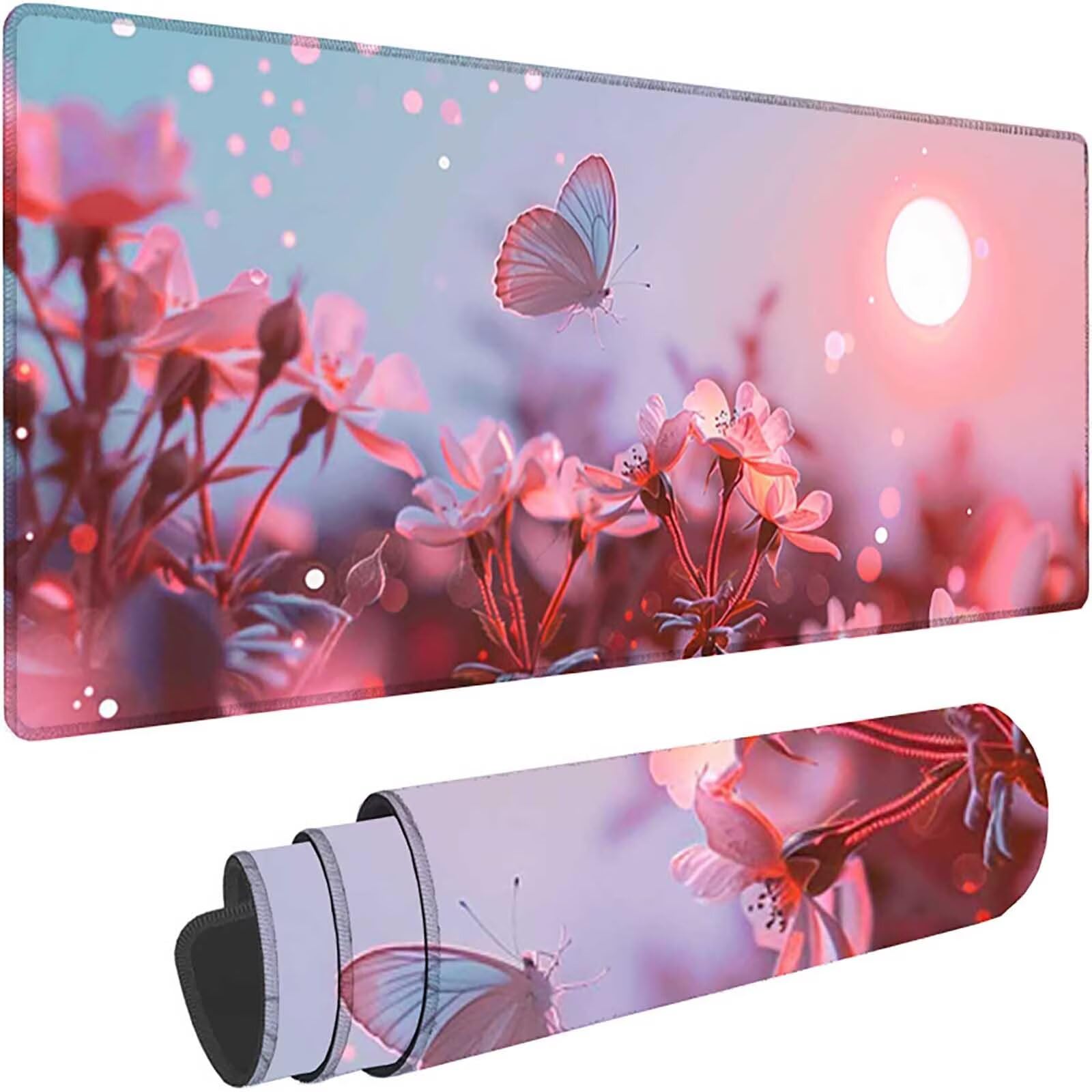Różowa podkładka pod mysz do gier XXL 1000x500x3 mm duża podkładka pod mysz XXL podkładka pod mysz motyl do klawiatury i biura, wysoka precyzja i szybkość, antypoślizgowa guma, akcesoria do gier dla