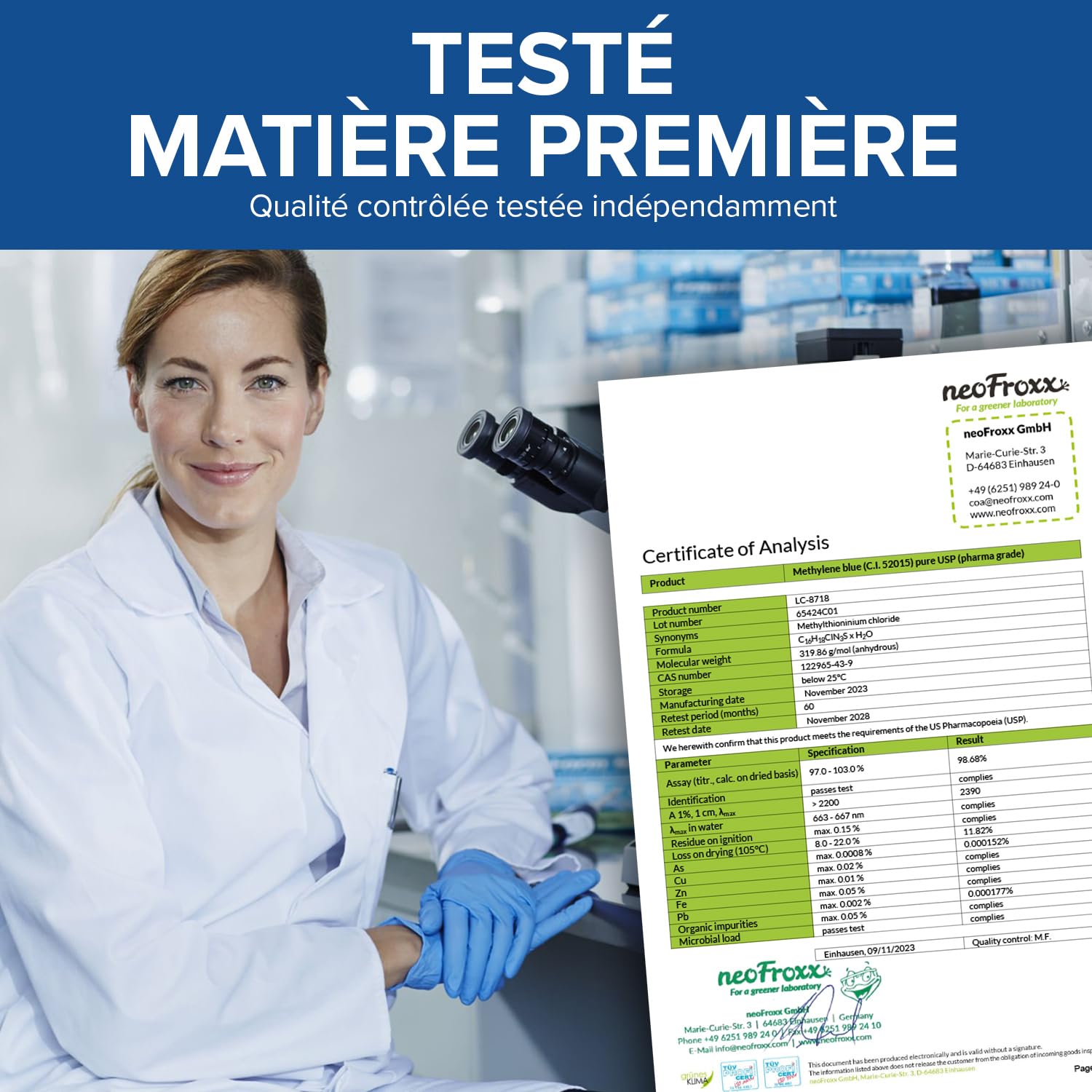 Bleu de méthylène 1% USP de qualité pharmaceutique, 2x 100 ml, sans métaux lourds, qualité testée en laboratoire – Fabriqué en Allemagne par JUNALI