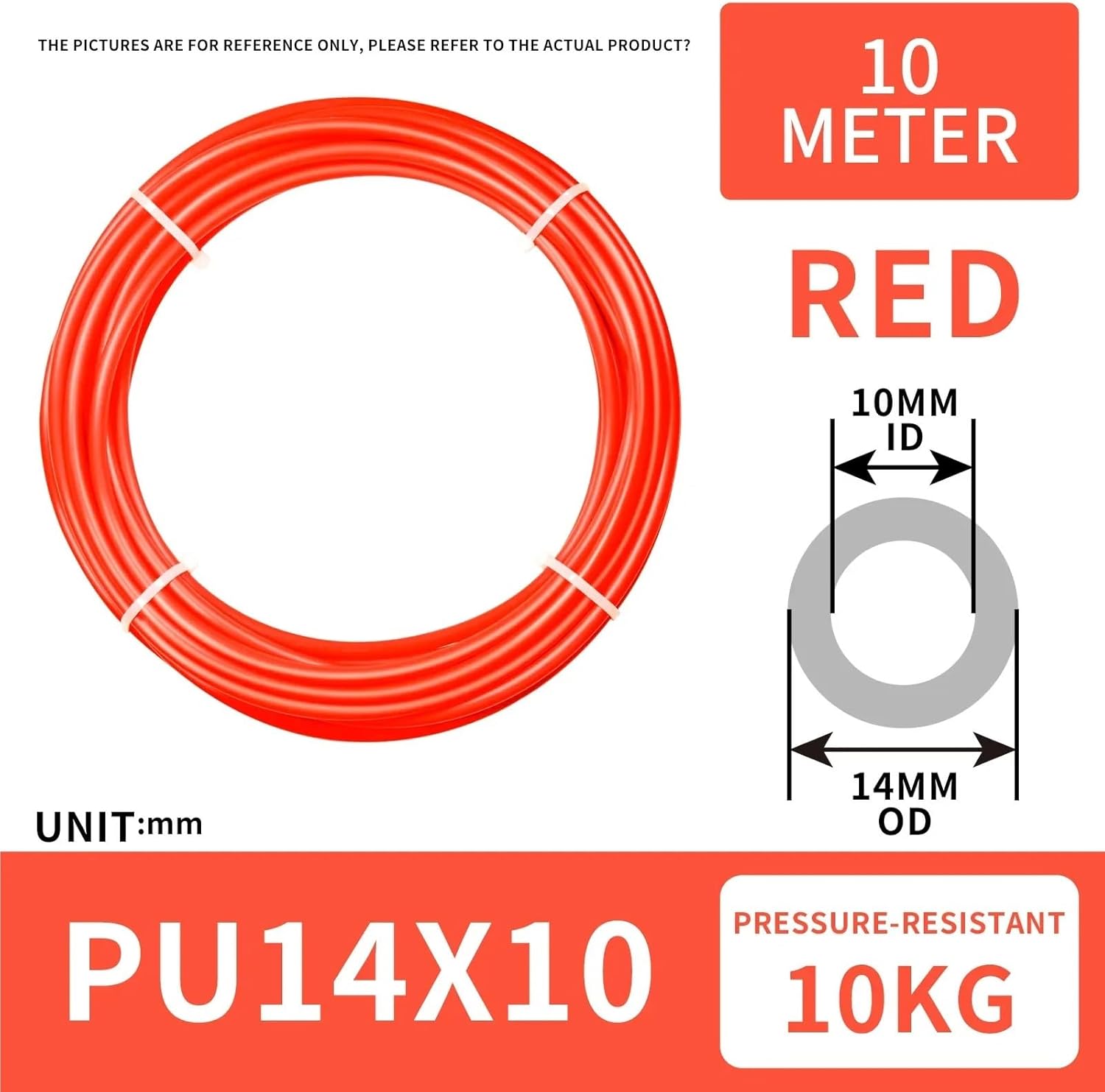 1pcs Pneumatic 10MM ID 14MM OD 5 Meters PU Air Tubing Pipe Hose Pu Air Hose for Air Line Tubing or Fluid Transfer Tubing(Red)