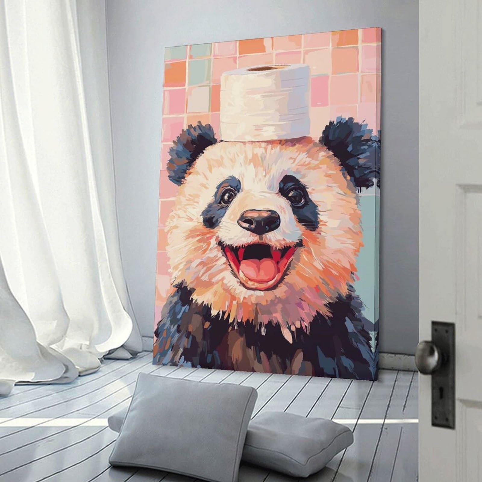 Junmoney Frame-Style-7 Panda With Toilet Paper Hat Wall Decor Canvas Print, 16X24inch(40X60cm), For Flats, Guest Rooms Or Compact Rooms, A Simple Refresh For Blank Walls