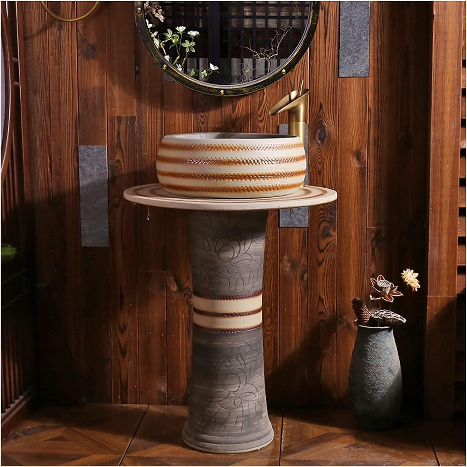 Full Pedestal Art Bathroom Basin Sink freestanding Pedestal Bathroom Sink Pedestal Floor-Standing Basin Unit use (I Without Mirror)