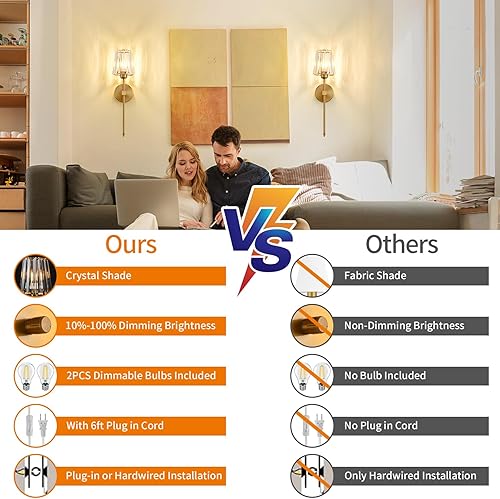 Miniatura 2 de Juego de 2 apliques de pared de cristal, apliques de pared regulables con cable de enchufe y regulador de intensidad dorado, lámpara de pared con