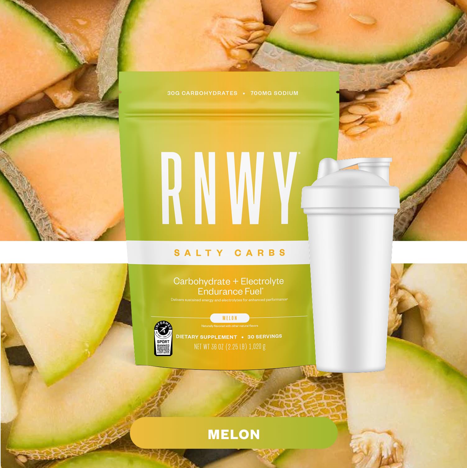 RNWY Salty Carbs Electrolyte Drink Mix 30g Dual-Action Carbs + 700mg Sodium, Endurance Fuel for Runs, Rides and Races, Gluten-Free, Dairy-Free, Non-GMO (30 Servings, Melon) — Amazon image 6
