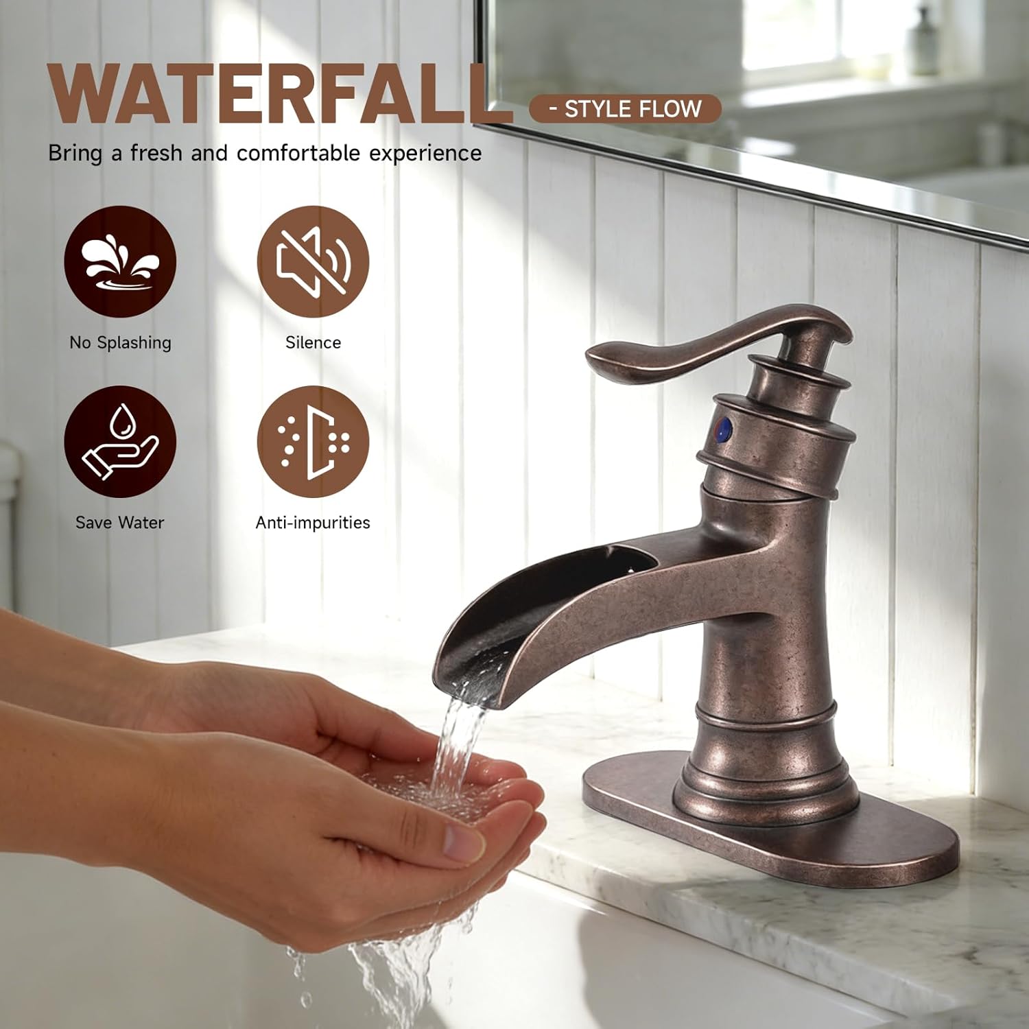 Bathroom Sink Faucet Waterfall Bath Faucets & Parts with Pop Up Drain Stopper Copper Farmhouse Antique Vanity Single Handle Single Hole Commercial Rustic Supply Lines Hose by Bathfinesse - Image 8