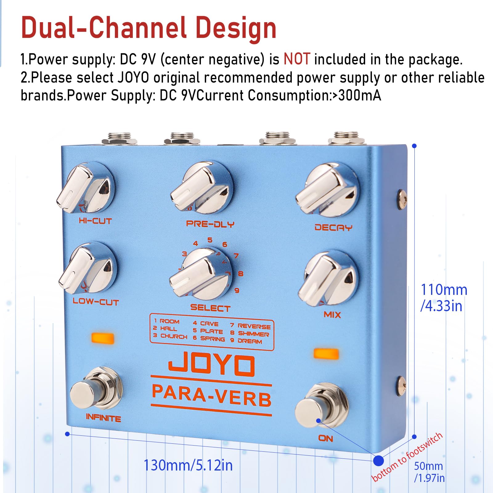 JOYO Pedale riverbero Pedale digitale stereo per chitarra con 9 effetti riverbero Funzioni infinite e trail per chitarra elettrica, True Bypass (PARA-VERB R-31)
