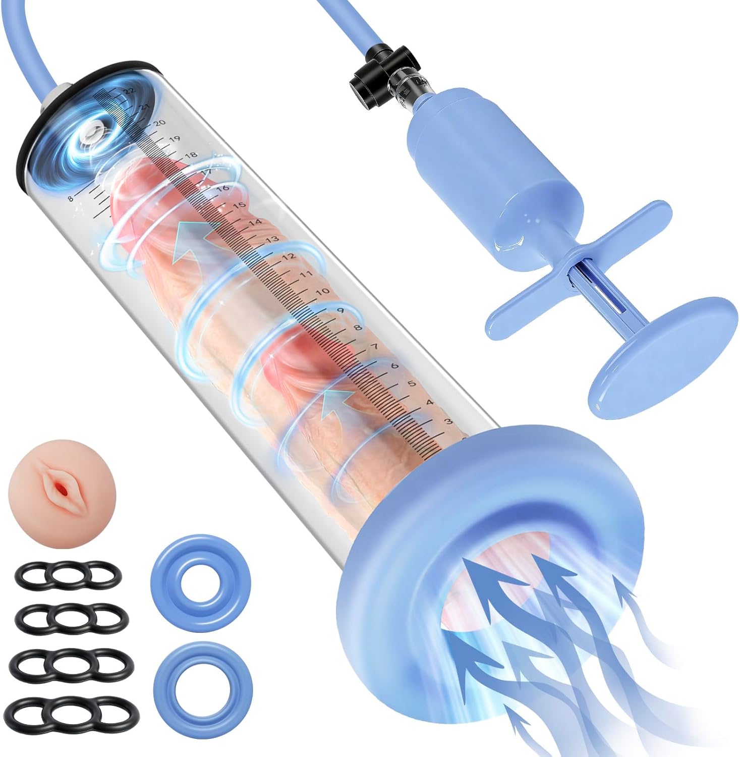 Penis Enlarge Vacuum Pump,Manual Dick Pump for Penis Enlargement and Extension,Male Sex Toys,Penis Extender,9 x 2.125inch Cylinder Cock Pump Kit with 2 Pump Sleeves & 4 Penis Rings and Pocket Pussy