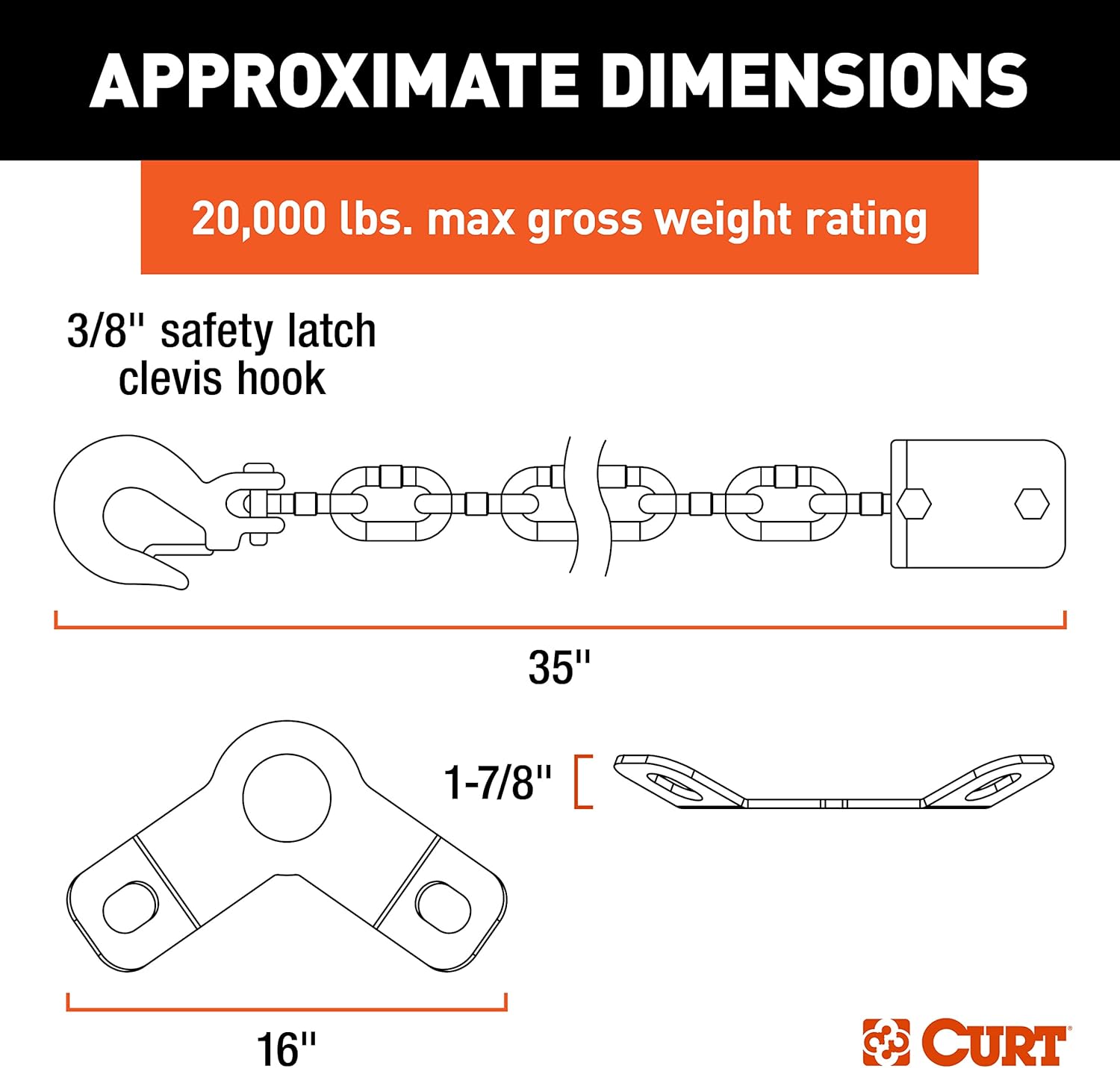 CURT 16614 CrossWing 5th Wheel Safety Chain Assembly with Gooseneck Anchor Plate, Yellow