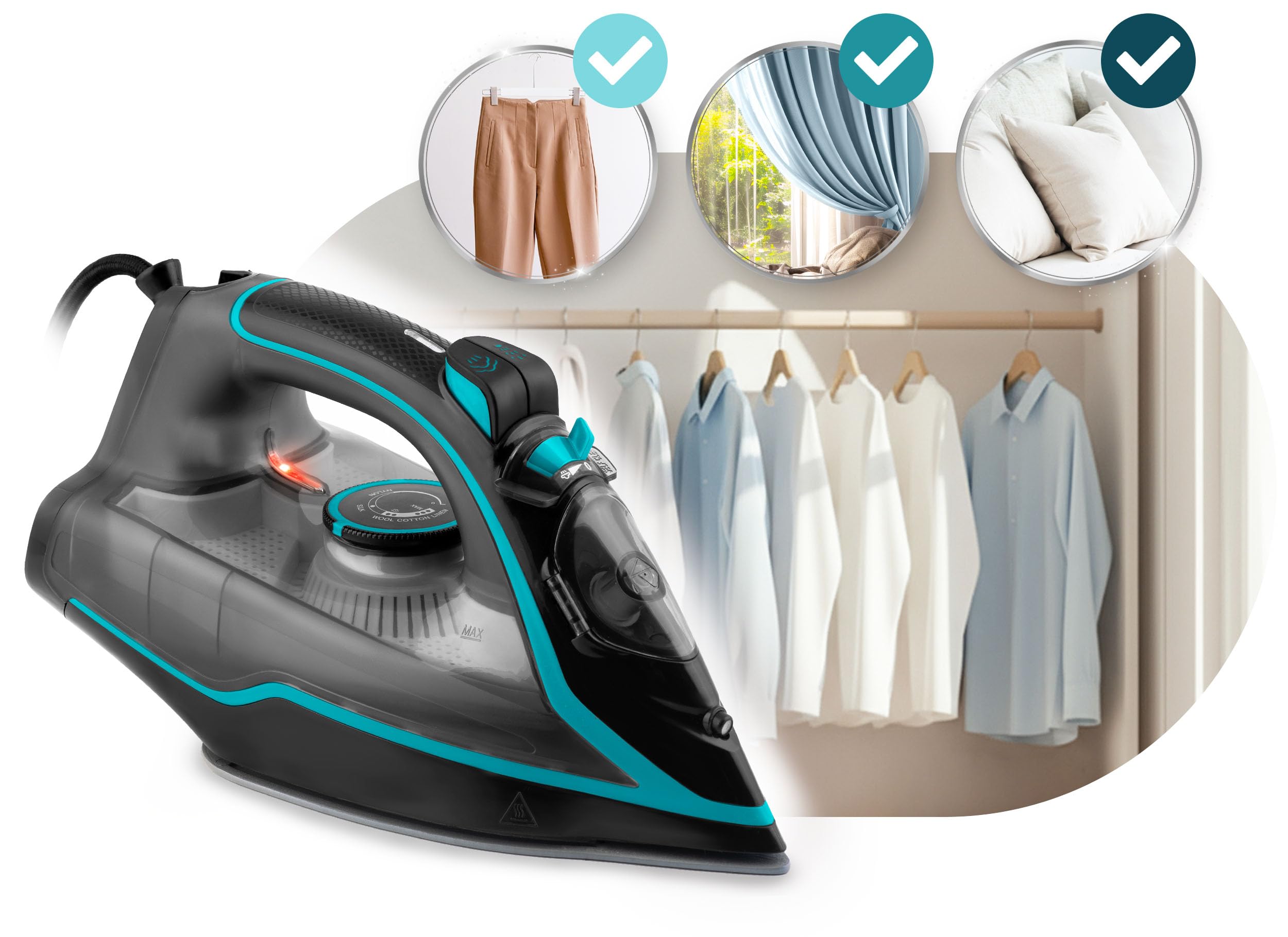 Berdsen Ferro da stiro a vapore, 2600 W, ferro da stiro 9 in 1, con suola in ceramica, serbatoio dell'acqua da 230 ml, colore verde