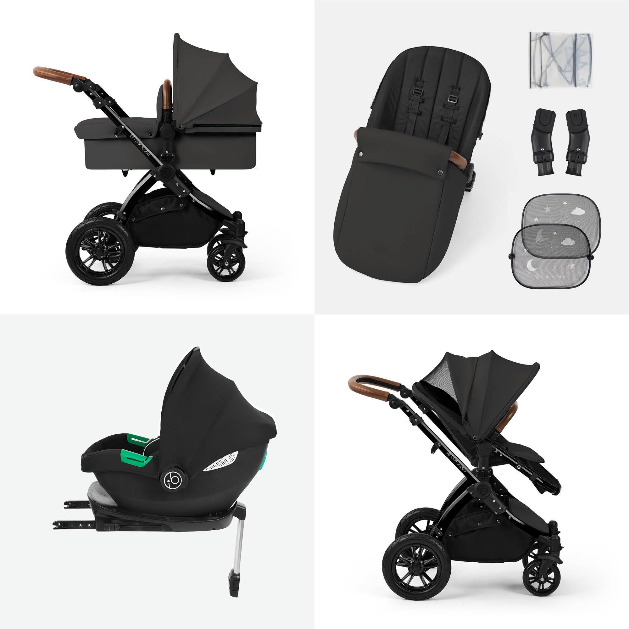 Poussette Tout-Terrain 12pcs Ickle Bubba Stomp Luxe – Système de Voyage 3 en 1 avec Siège Auto i-Size Cirrus + Base ISOFIX – Siège Réversible, Landau & Accessoires (Noir/Gris anthracite/Beige)