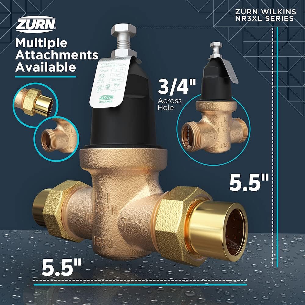 Zurn Wilkins 3/4" NR3XL Pressure Reducing Valve with double union FNPT connection and CPVC tailpiece connection