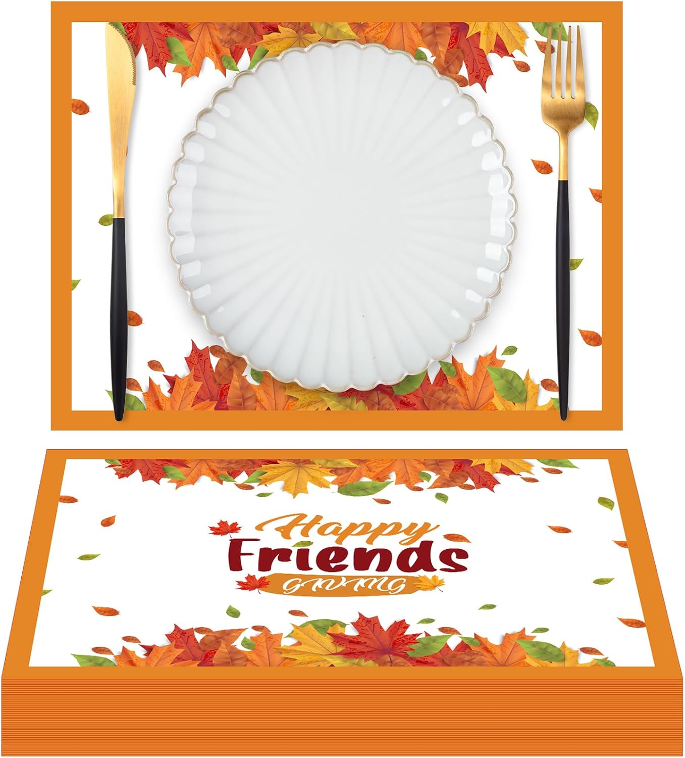 Fulmoon 50 Pcs Thanksgiving Paper Placemats Fall Disposable Placemats with Seasonal Leaves and Friends Fall Giving Design for Thanksgiving Dinner Party Supplies