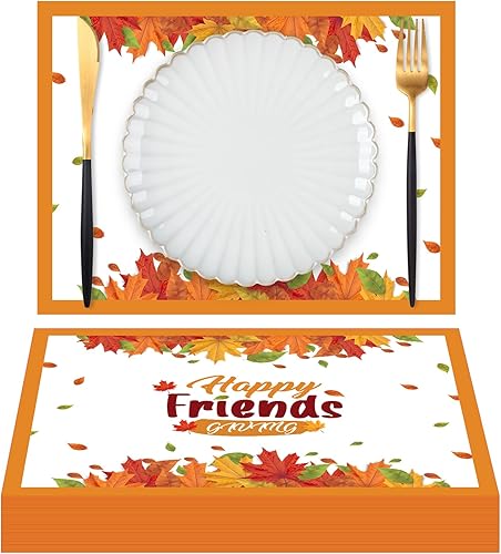 Miniatura 6 de Fulmoon 50 manteles individuales desechables de papel de Acción de Gracias con hojas de temporada y amigos, diseño de otoño para cena de Acción de