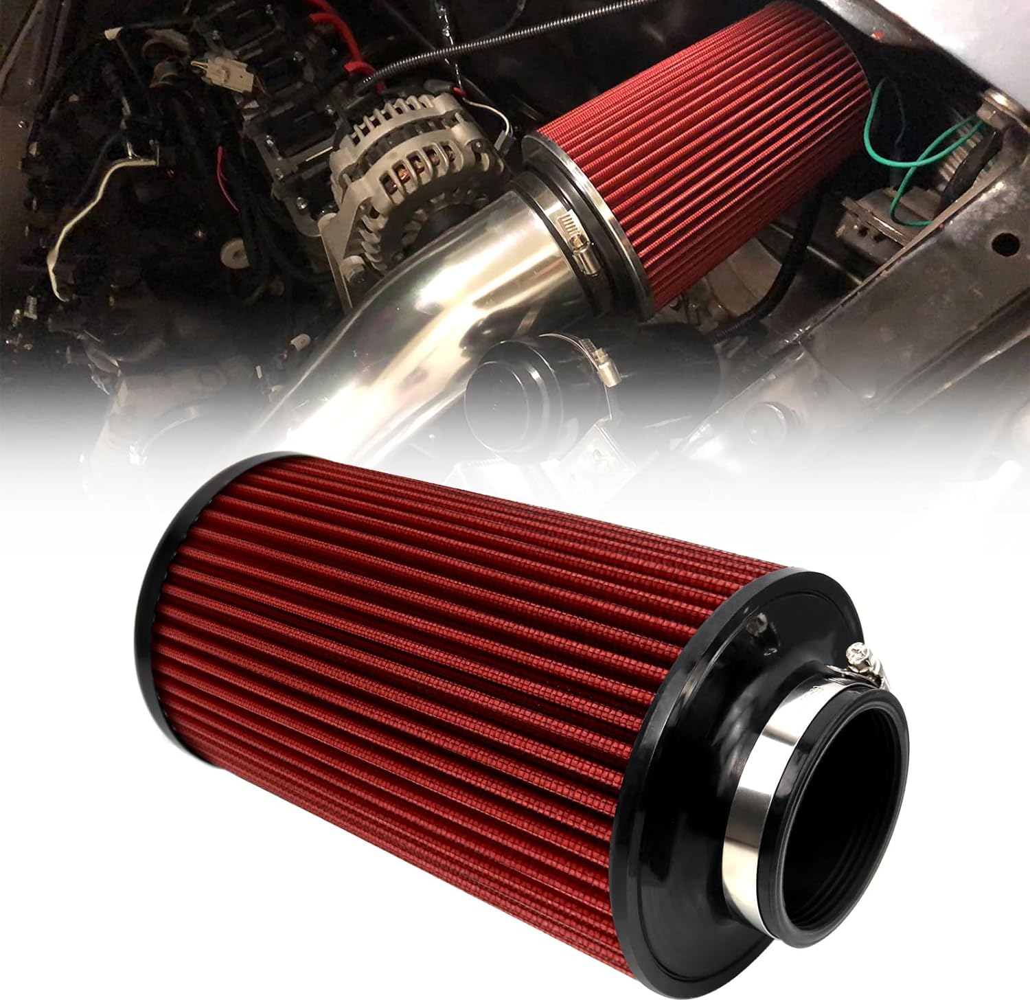 RYANSTAR RACING 76mm 3" High Flow Round Tapered Cone Cool Air Filter Cleaner with Top Filter Design Long 270mm tall red 3" Tall