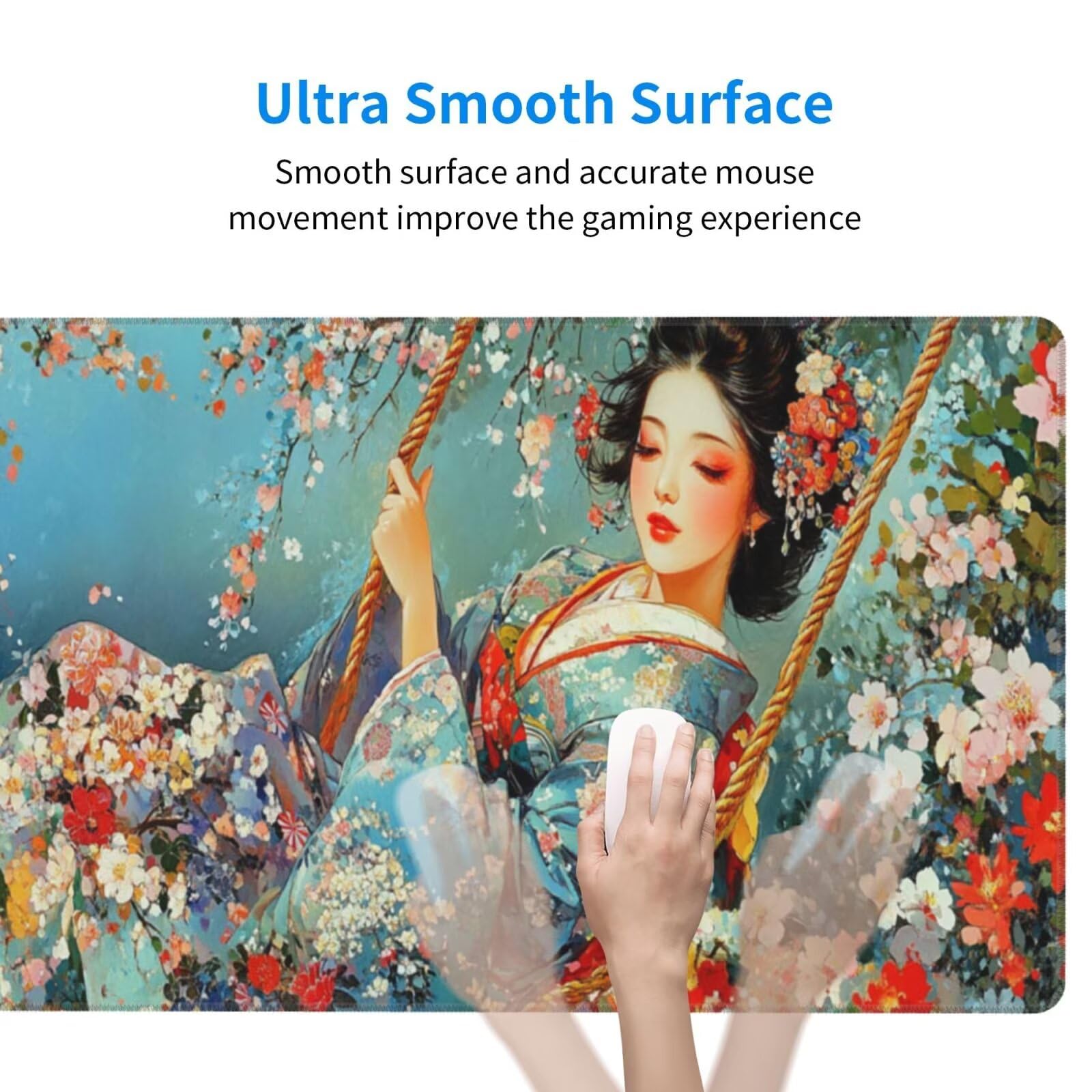 Alfombrilla Ratón Mujer Japonesa Alfombrilla Ratón XXL 1600 x 800 mm, Flor Mouse Pad Gaming con Bordes Cosidos, Base de Goma Antideslizante Duradera, Mouse Pad para Oficina Accesorios Escritorio Q880