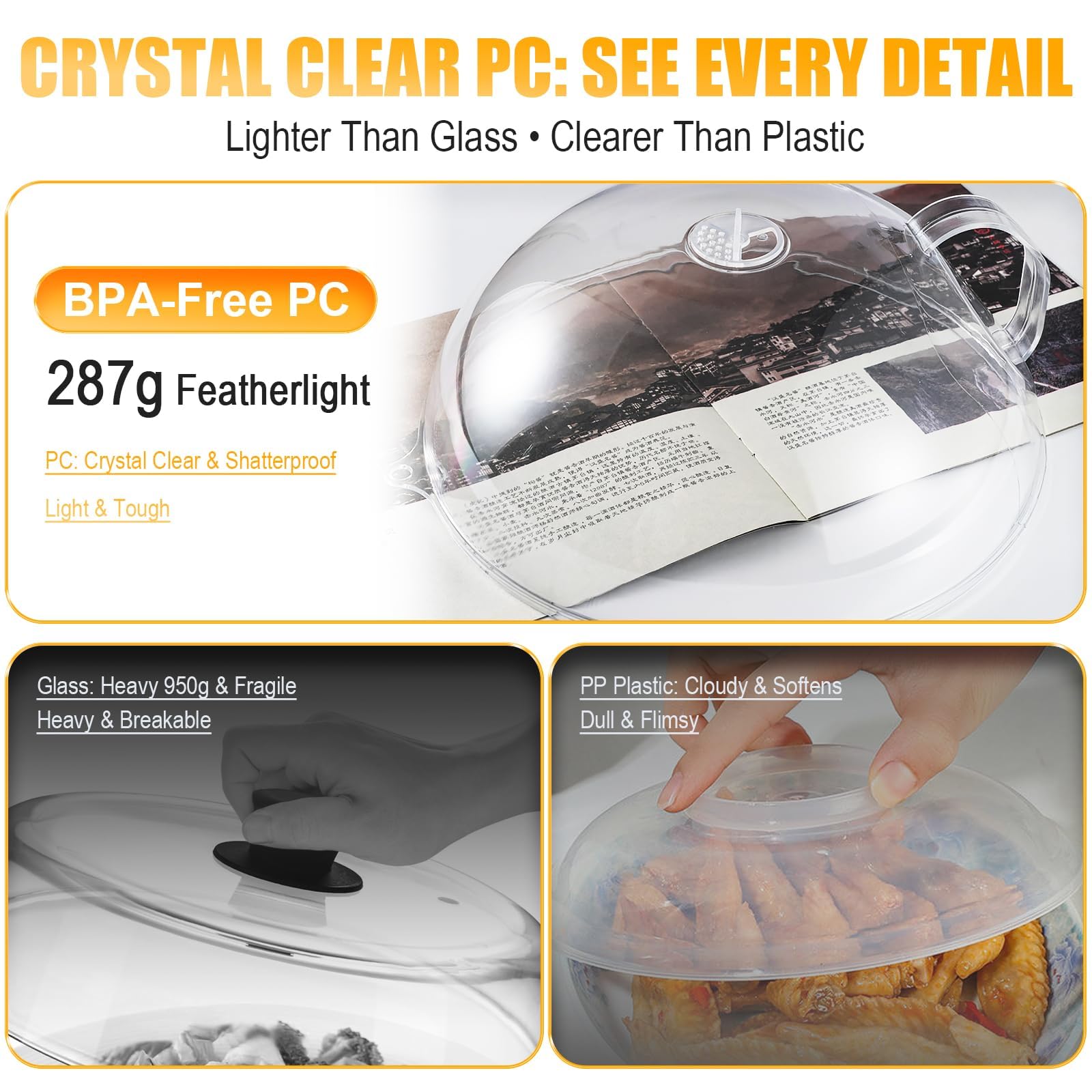 Microwave Splatter Cover for Food, Clear Microwave Splash Guard Cooker Lid with Handle, Dish Bowl Plate Serving Cover Home Kitchen Essential, BPA-Free, Safe Plastic, Transparent, PC Material — Amazon image 3