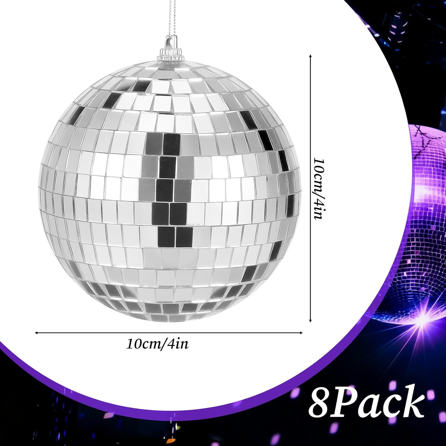 SHENLIU 8 Pack Mirror Disco Ball, 4 Inch Small Mirror Ball Ornaments Silver Hanging Disco Balls with Attached String for Reflect Light, Party Favor, Home Bands Decorations, Stage Props, Christmas