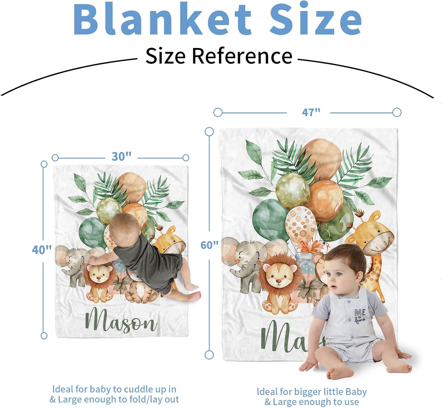 Personalized Baby Blanket for Boys, Custom Baby Blanket with Name, Soft Flannel with Double Layer Dotted Backing, Receiving Swaddle Blanket Suitable for Infants and Toddler, Safari Animals(47”x60)