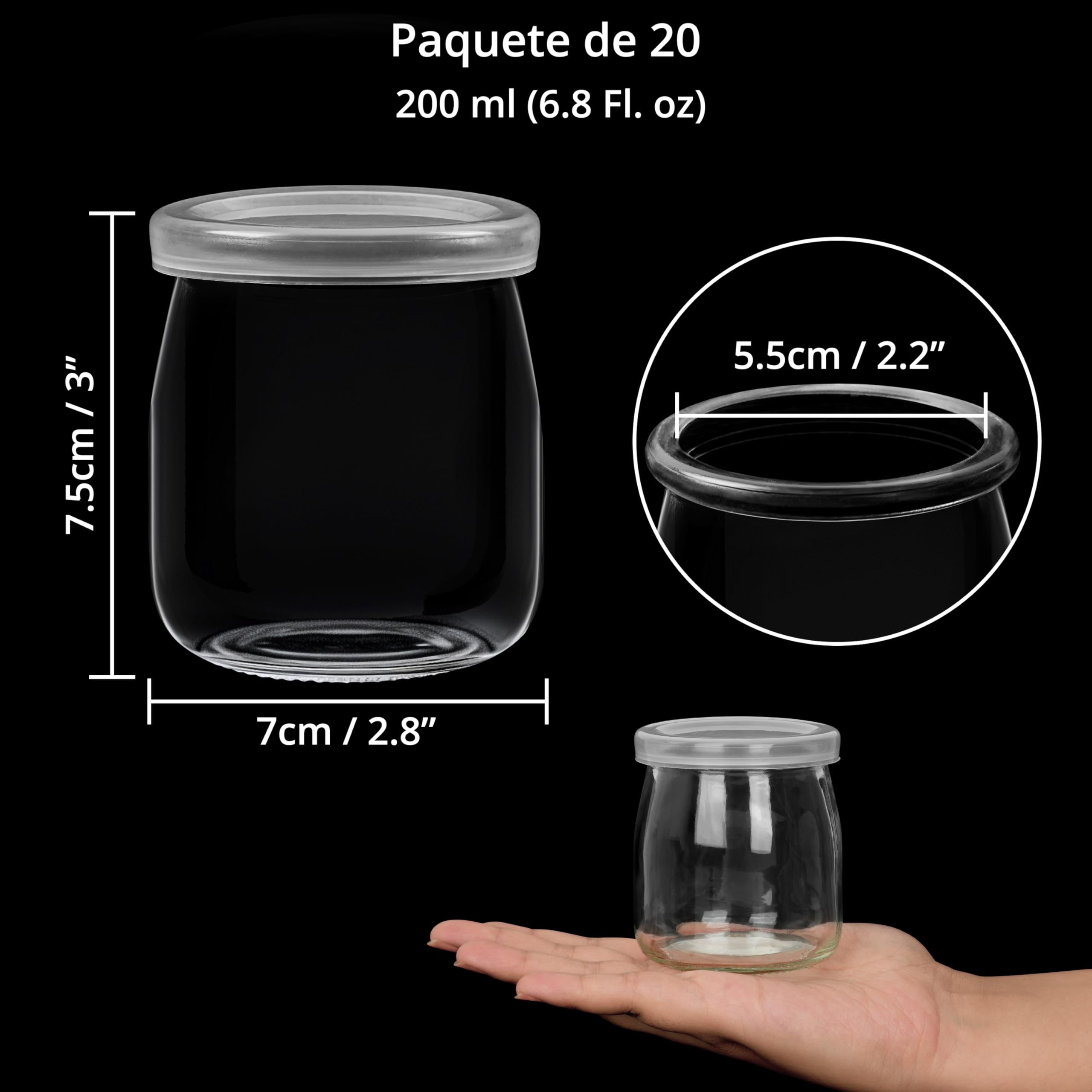 Winter Shore Tarros de Yogur Transparentes con Tapa de 200 ml (Pack de 20) - Vasos de Cristal con Tapa Multiusos para Comida, Velas, etc - Aptos para Lavavajillas, Congelador y Microondas, Sin BPA