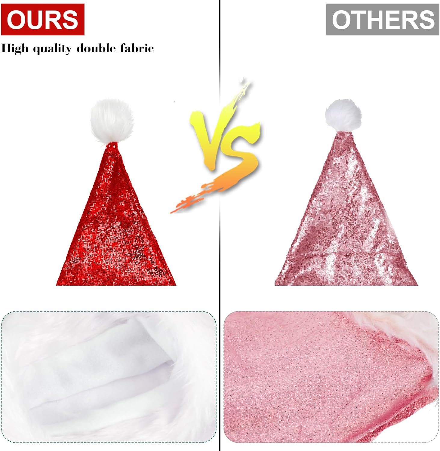 SATINIOR 8 Pcs Christmas Santa Hat for Adults Unisex Velvet Sequin Santa Hat with Lining Plush Brim for Xmas New Year Party
