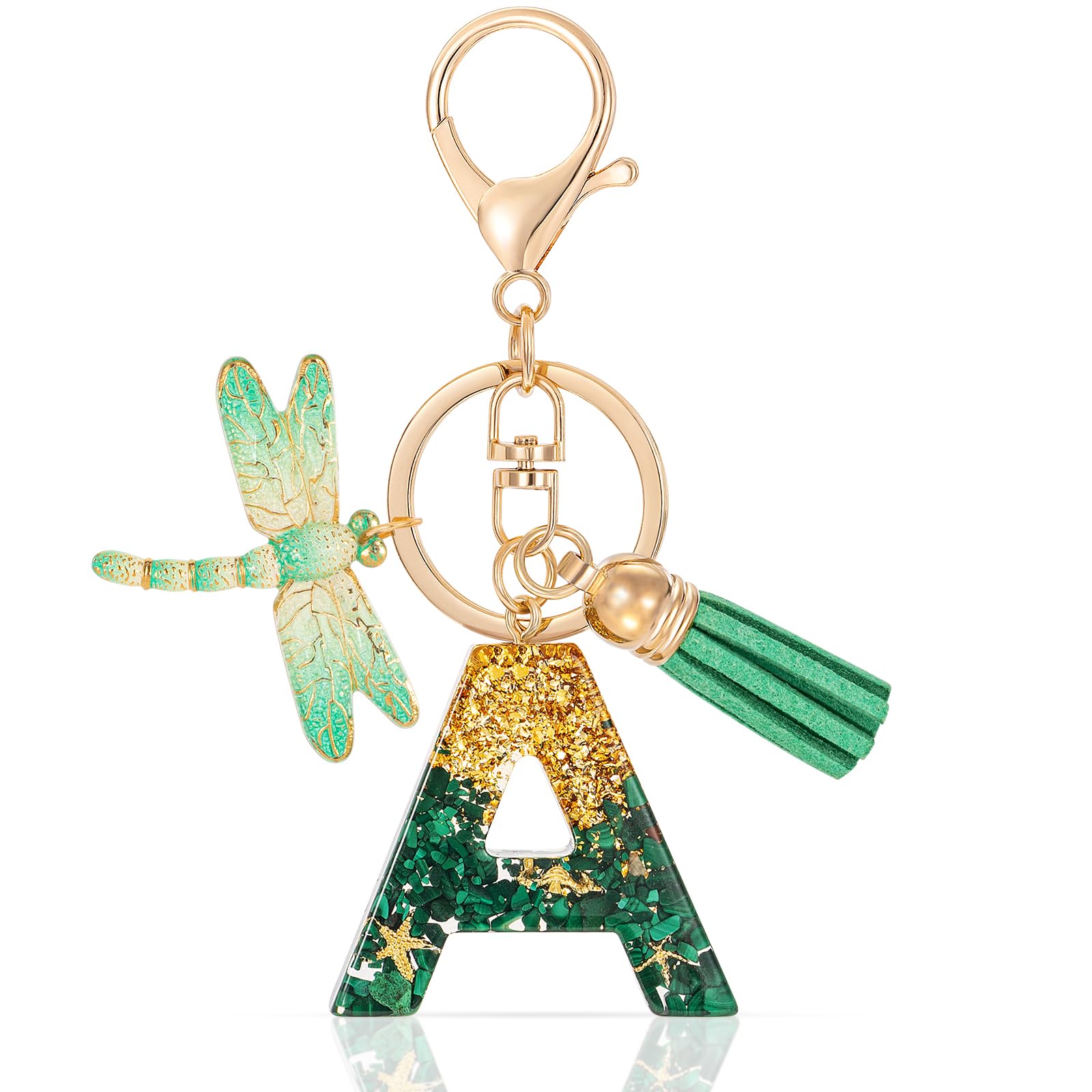MWOOT Initial Letter A Keychain, Resin Alphabet Keyring, Green Dragonfly Tassel Pendant Keychain for Women
