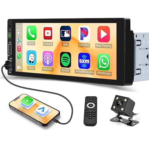 Hikity 6.9 Inch Single Din Car Stereo Carplay Android Auto, Touchscreen Car Radio Bluetooth 5.0 Mirror Link FM/EQ SWC, 1DIN Car Audio Receiver with USB, SWC, Backup Cam+MIC/TF/AUX-in/USB
