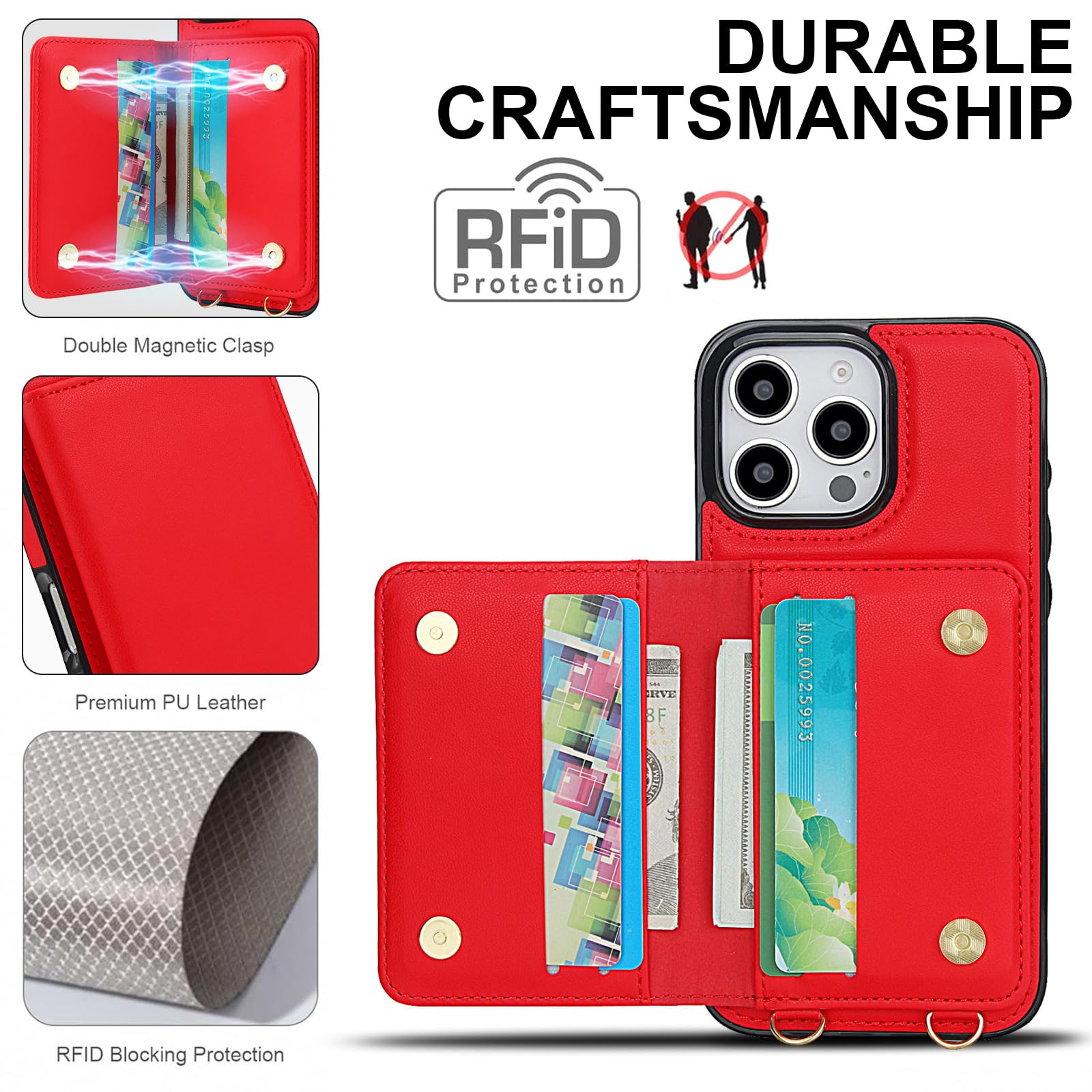 Portmonetka etui do iPhone 16 Pro Max / 16 Pro / 16 Plus/16, zapięcie magnetyczne, skórzane etui na telefon komórkowy z klapkami na karty, odporne na uderzenia, ultracienkie etui, czerwone, 16