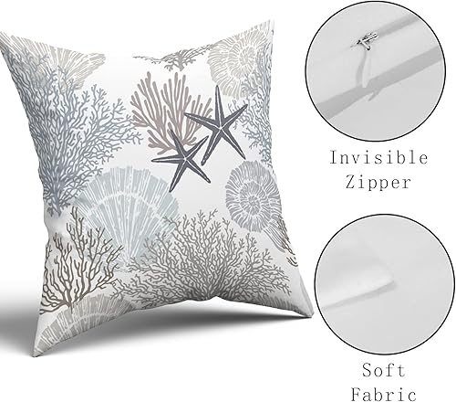 Miniatura 3 de Sweetshow Juego de 2 fundas de almohada cuadradas de algodón suave con estrellas de mar y conchas marinas, 12 x 12 pulgadas, color marrón