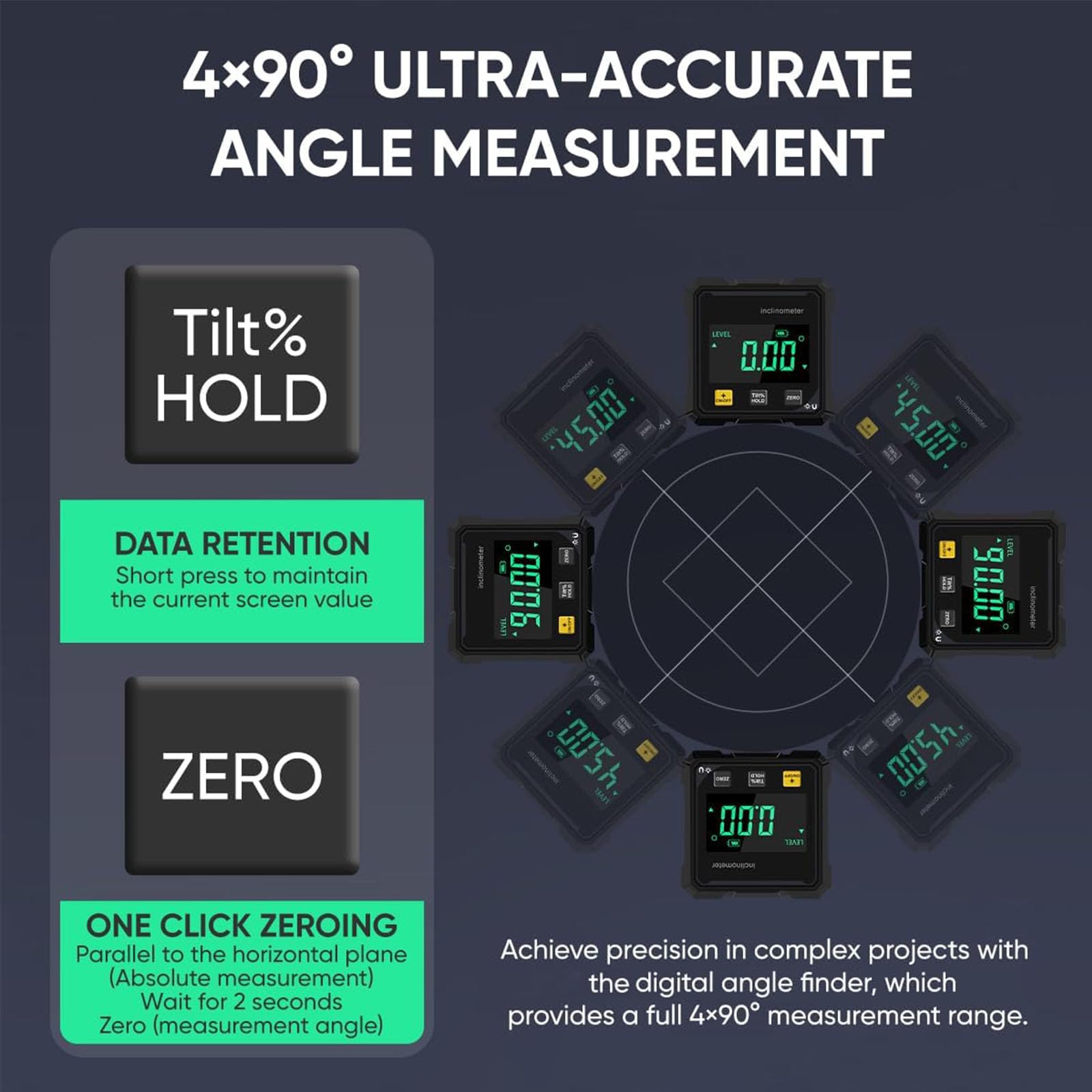 Strumento di misurazione digitale angolare, goniometro magnetico a 4 lati, strumento di misurazione magnetico con display LCD e ricarica USB-C per falegnameria, edilizia e fai da te