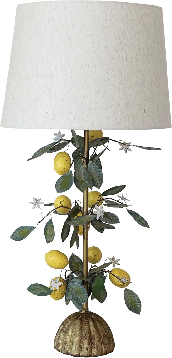 Creative Co-Op Metal Vintage Reproduction Toleware Table Lamp with Lemons, Leaves, Flowers, Linen Shade, Multicolor