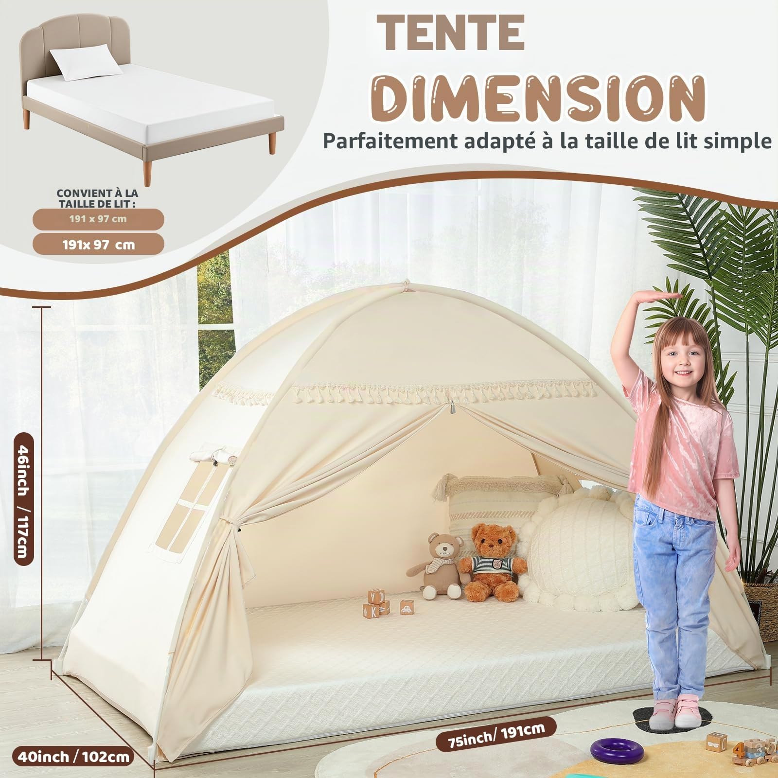 Tentes Tipi d'intérieur pour Enfants : Tentes de Jeu pour Enfants, Lit Jumeau, Tipi pour Garçons et Filles – Maison de Jeu à l'intérieur pour Salle de Jeux (Crème)