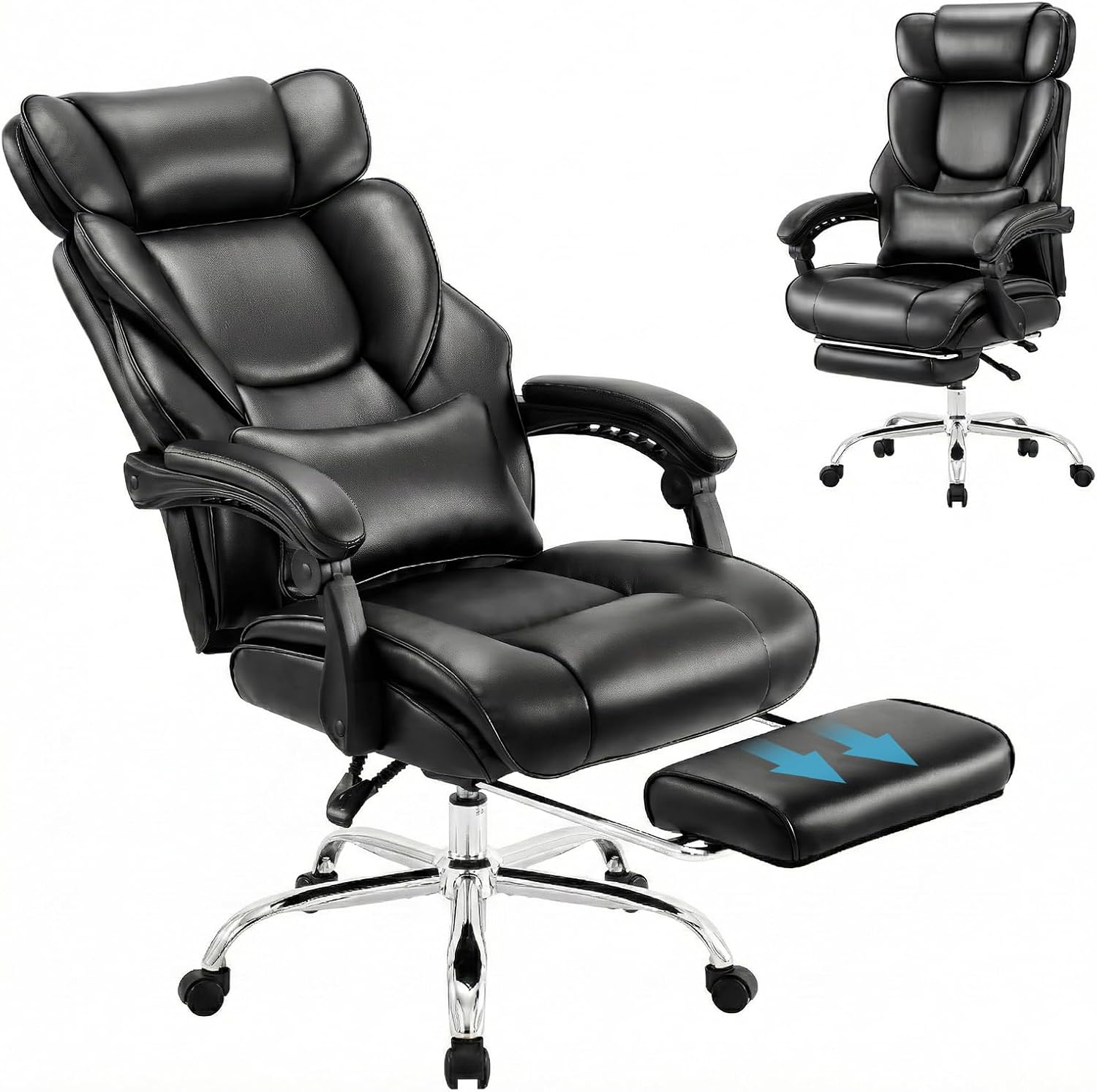 Office Chair with Footrest-Ergonomic Computer Chair with Extra Lumbar Support Pillow, High Back Executive Desk Chair Thick Bonded Leather, Large Home Office Work Chair with Wide Seat for Comfort-Black