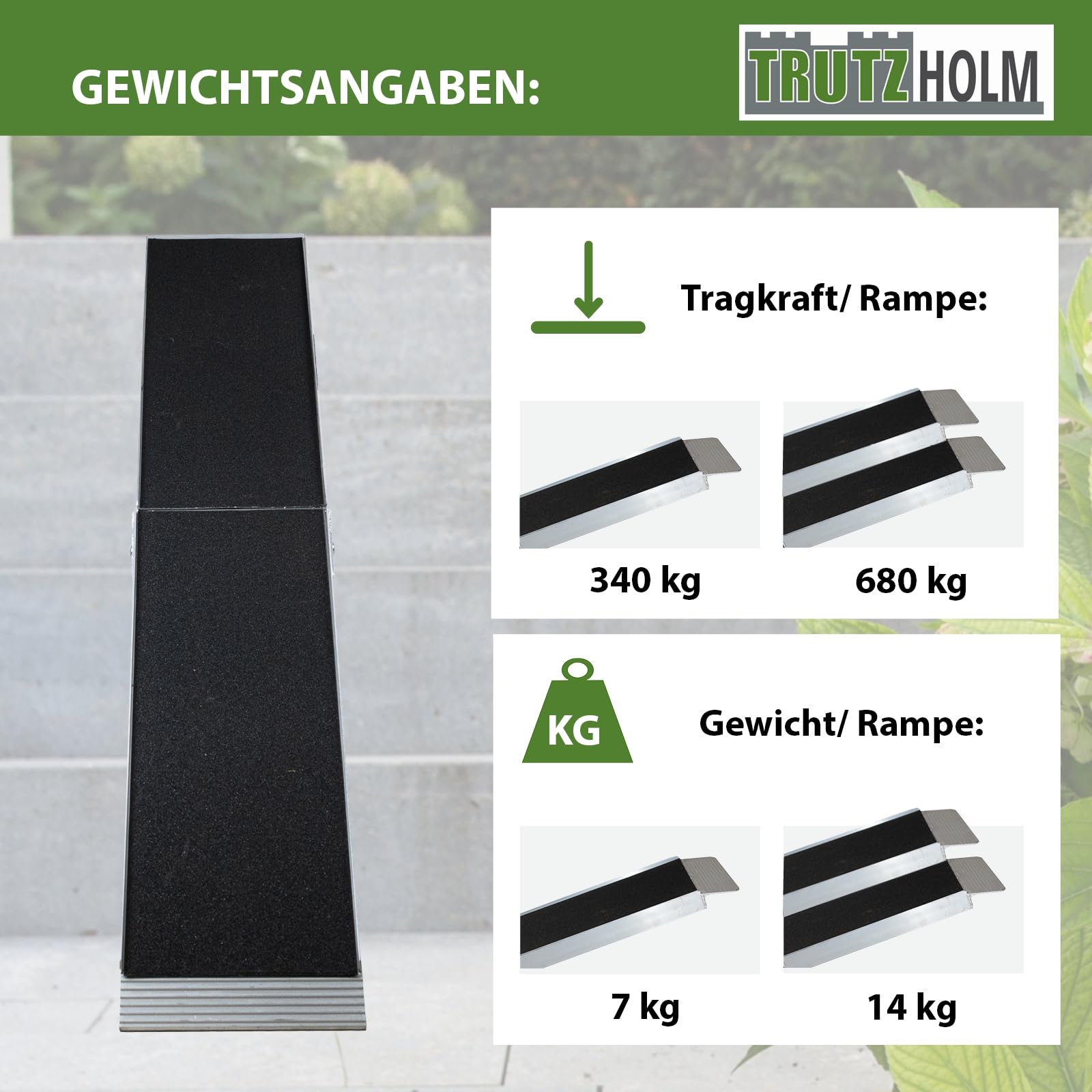 TRUTZHOLM 1x Auffahrrampe klappbar 228 cm 340 kg Traglast Aluminium Rampe mit Friktionsbeschichtung Anti Rutsch Motorradrampe Fahrradrampe E-Bike Rampe inkl. Spanngurt