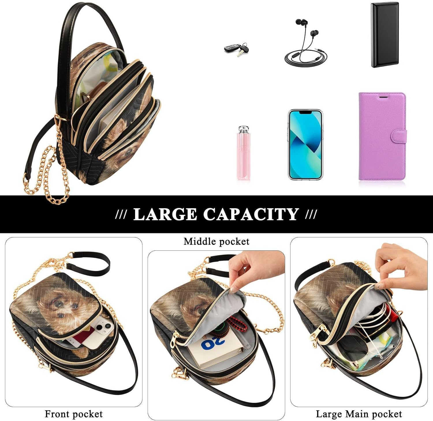 ALAZA Quilted Crossbody Bags for Women,Cute Yorkie Dog Women's Crossbody Handbags Small Travel Purses Phone Bag