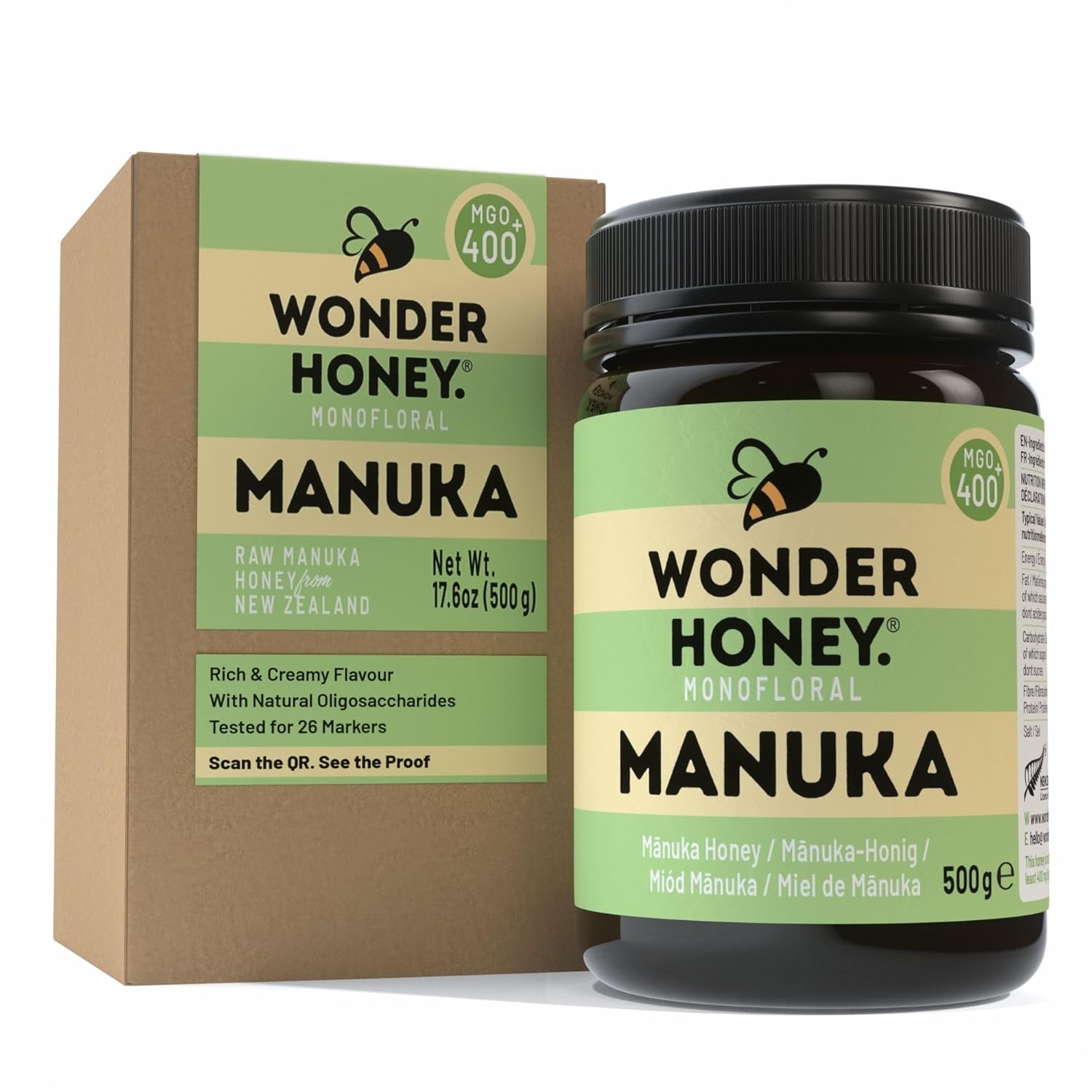 Wonder Honey Raw Manuka Honey New Zealand MGO400 (13+) Tested for 26 Markers, Traceable, Natural Soothing for Sore Throat, Cough - Aids Digestion - Triple Sealed for safety in a Protective Box (1.1lb)