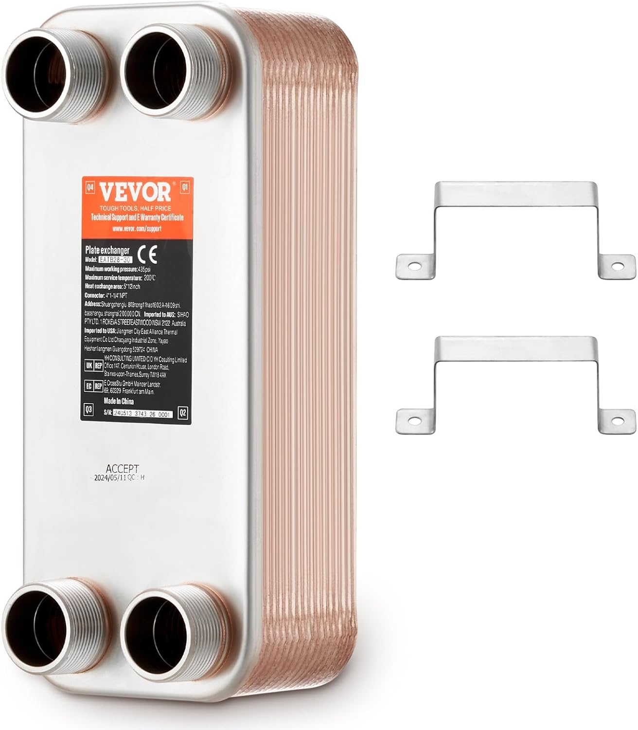 VEVOR EATB28-30 5"x 12" 30 Brazed Plate, Copper/316L Stainless Steel Exchanger for Floor, Water Heating, Snow Melting, Beer Cooling, B08ZDHG8KD