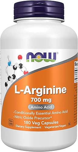 NOW Foods Suplementos, L-Arginina 700 mg, Precursor de Óxido Nítrico*, Aminoácido, 180 Cápsulas Vegetales