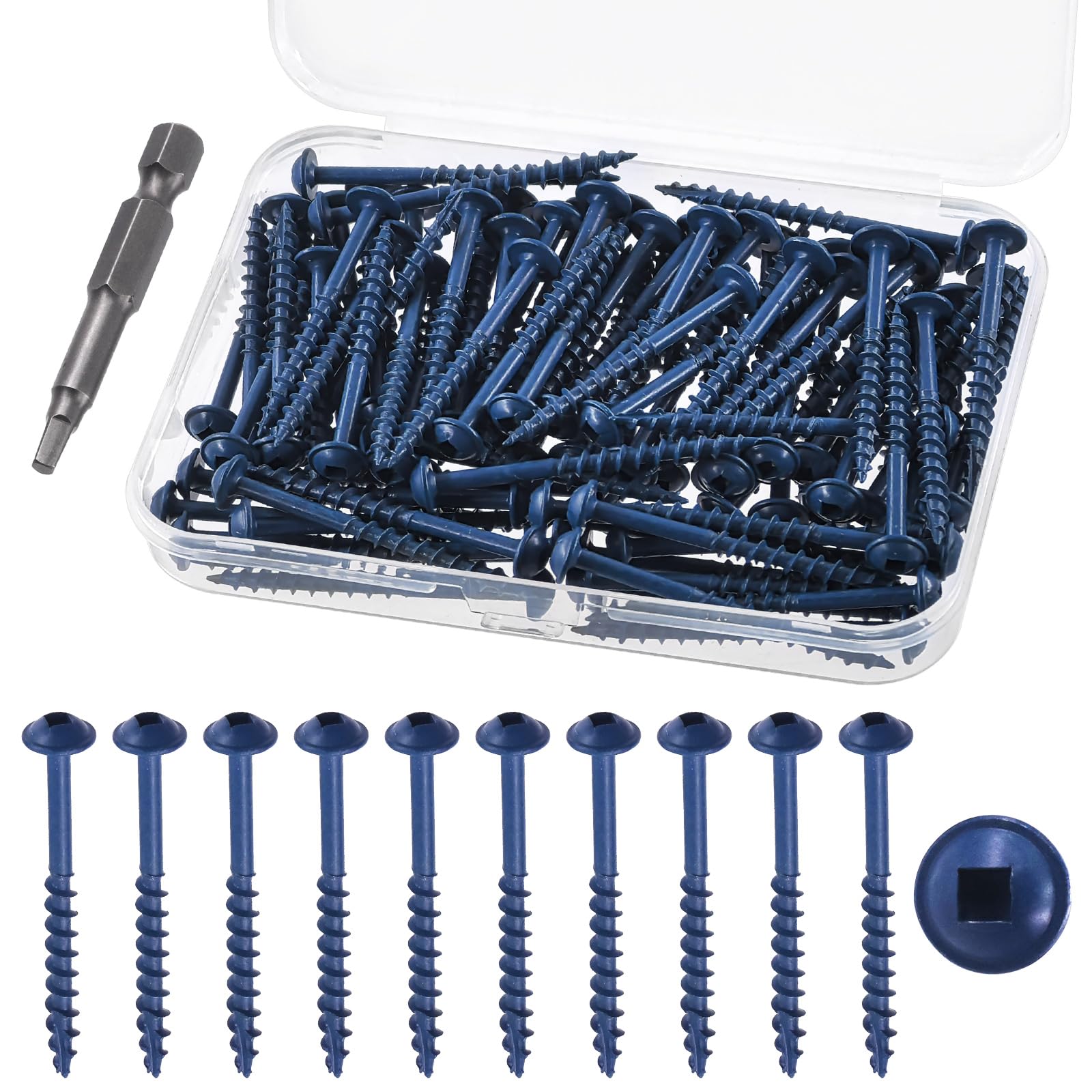Rustark 101Pcs #8x2/M4x52mm Pocket Hole Screws Assortment Kit with Drive Bit Blue Coated Pocket Screws Coarse Thread Wood Screw with Square Drive for DIY Outdoor Furniture Table