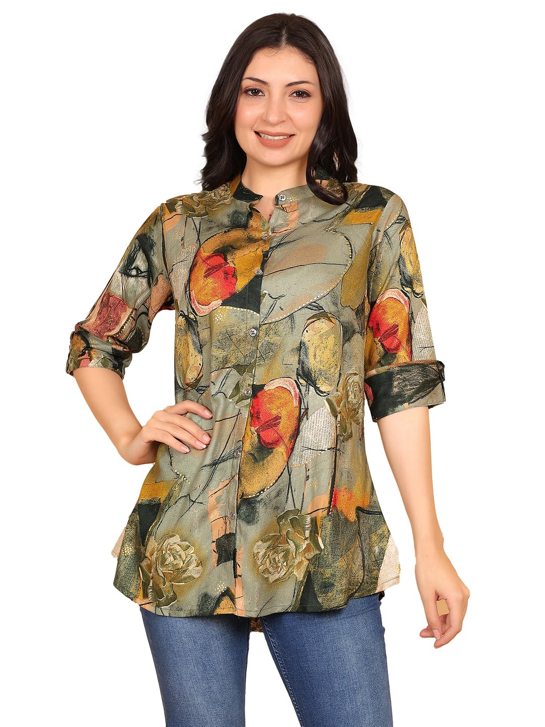 FIMS – Fashion is my style Rayon Abstract Printed Short Kurti for Women, Tunics Tops, Ethnic Wear for Office, Flared, Mandarin Collar V Neck, Roll-Up Sleeves, Summer Wear, Ideal Gift for Girls