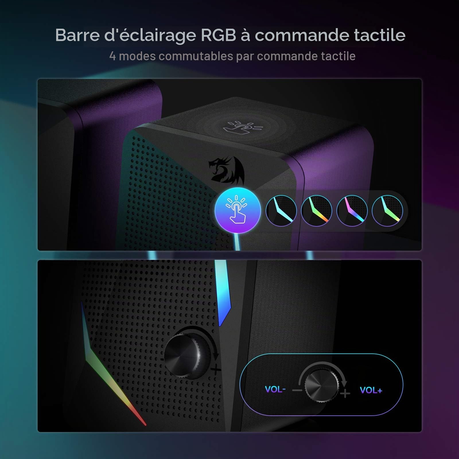 Redragon GS510 Enceintes Bureau RGB 2.0 Contrôle Volume USB | enceintes bureau RGB 2.0 canaux stéréo rétroéclairage LED basses améliorées contrôle volume USB 3.5mm