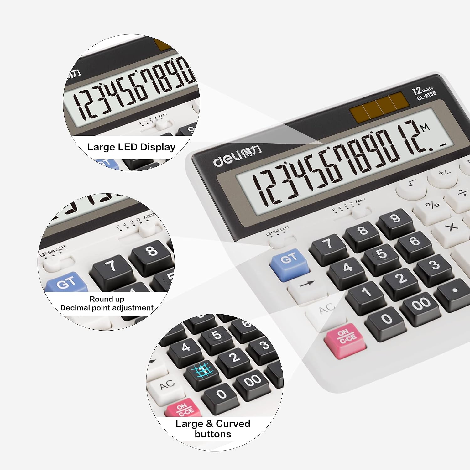 Calculator, Deli Desktop Calculator, Financial Accounting Basic Calculators with 12 Digit Large LCD Display, Solar Battery Dual Power, White