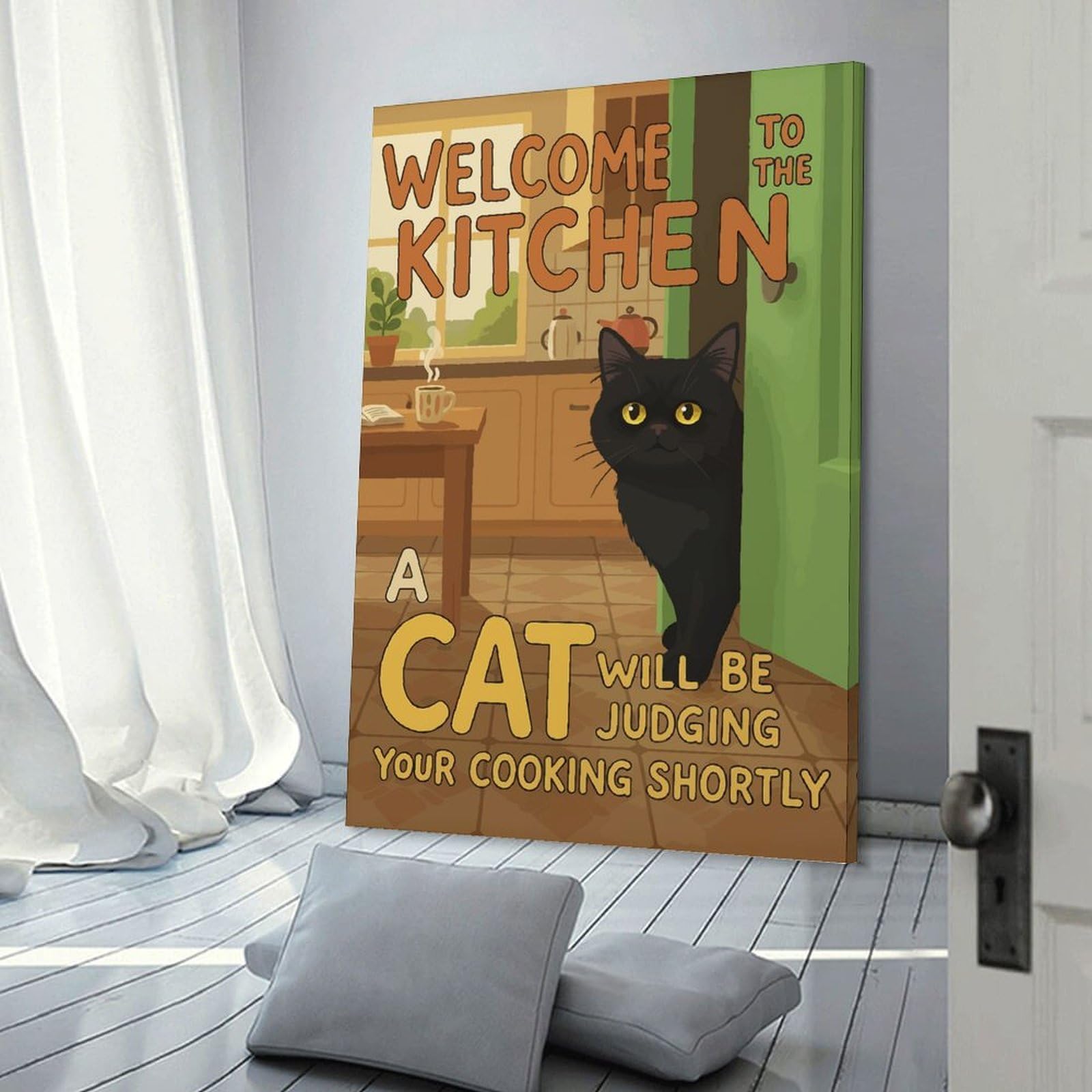 Junmoney Welcome Kitchen Cat Judging Cooking Hanging Wall Art 20x30inch(50x75cm), for Study, Office Or Focused Interiors, Wall Art That Adds Style to Work Areas