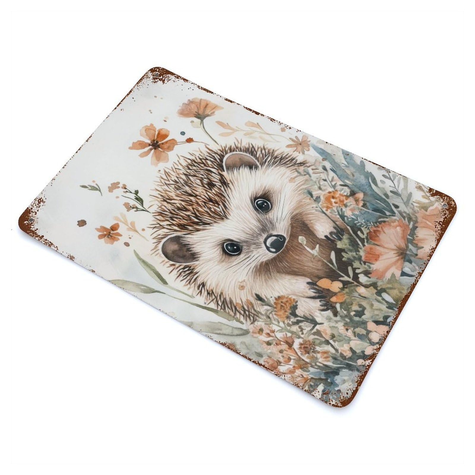 Rust Effect Hedgehog in Flowers Distressed Metal Wall Sign 11.8"x7.9", Decorative Metal Wall Art for Living Room, Hallway And Home Decor