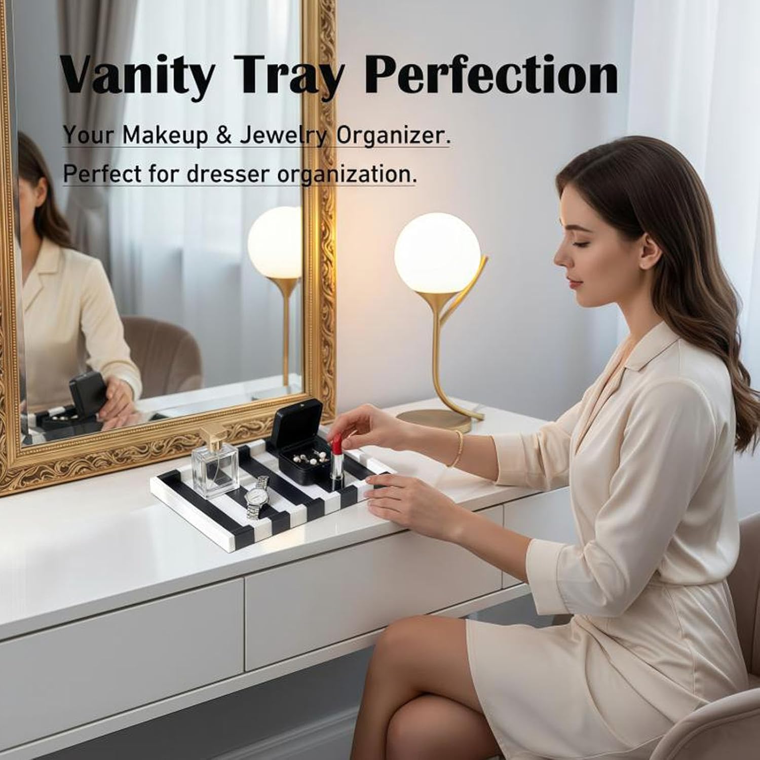 Luxury Natural Marble Tray, 12" Marble Vanity Tray for Countertop Bathroom Kitchen Dresser, Natural Stone Tray for Jewelry Perfume Home Decor (Black & White)