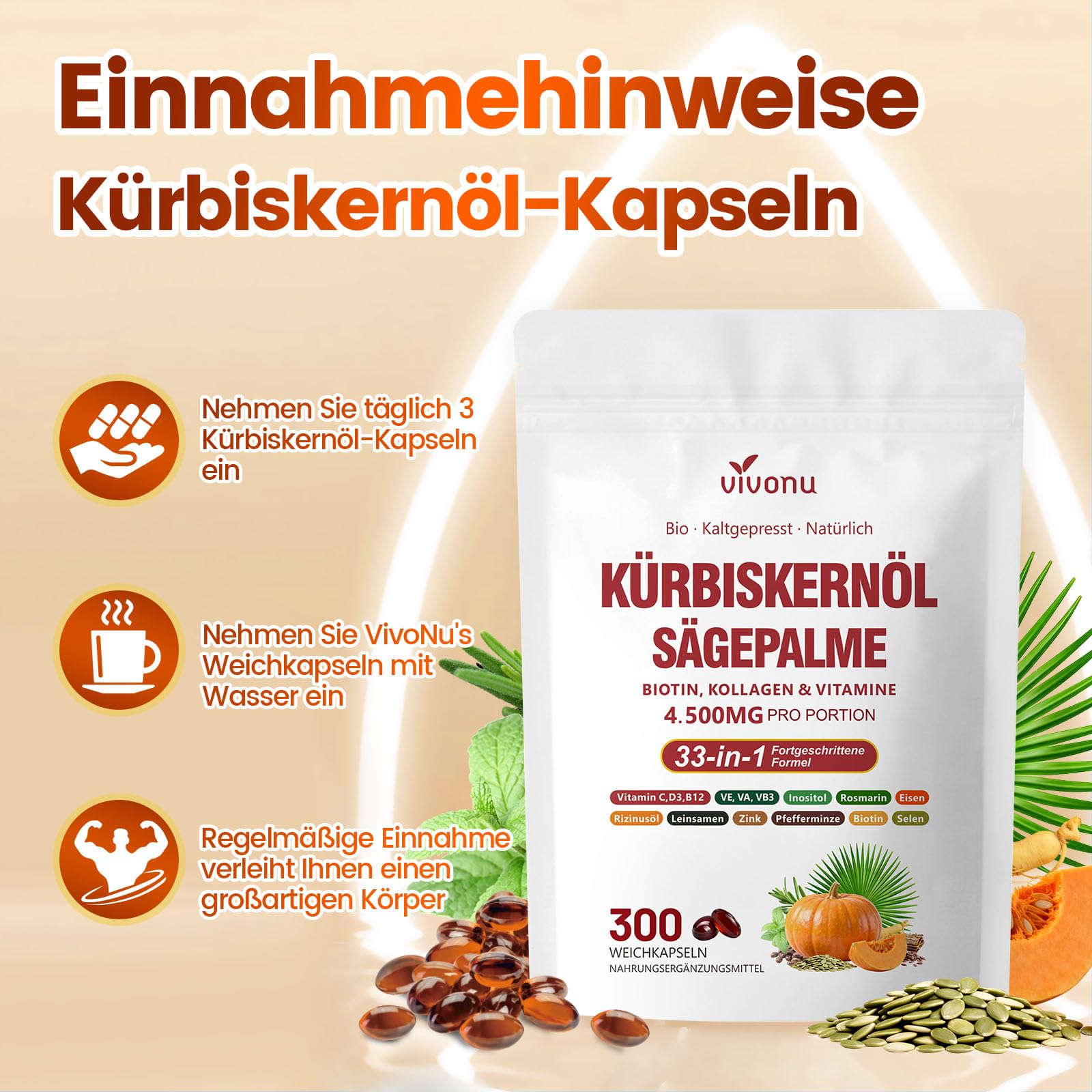 VivoNu Kürbiskernöl mit Sägepalme Kapseln | Prostata Kapseln | DHT-Blocker | 300 Weichkapseln | 4500 mg | Einzigartige Formel 33-in-1 mit Vitamin C, D3, B12, E, A, Zink, Biotin, Eisen