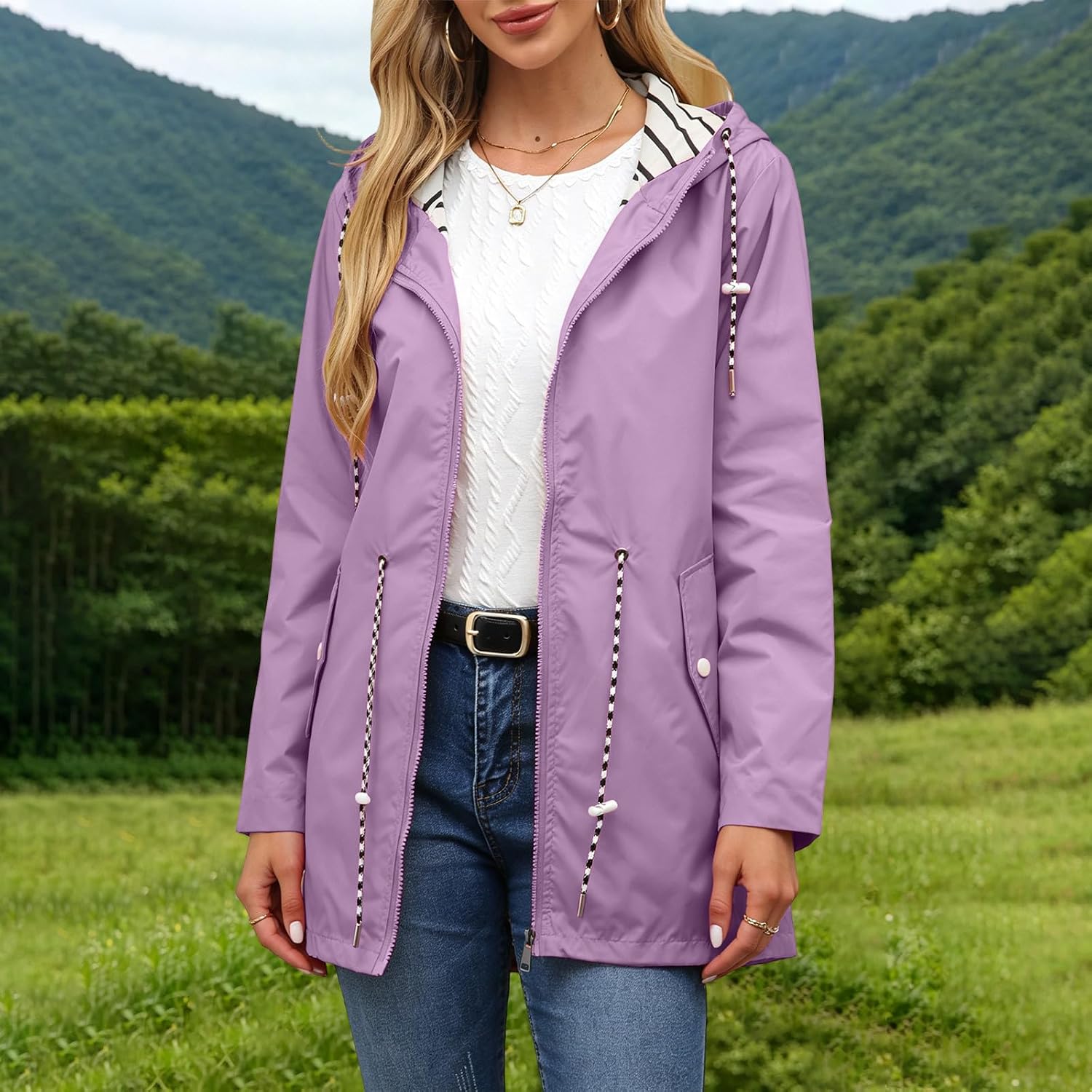 Anorak Coat for Women Hooded Zip Up Rain Jacket with Striped Lining | Women's Mid Length Trench Jacket with Drawstring Waist, Snap Pocket, Elastic Cuff for Fall Spring Travel Casual