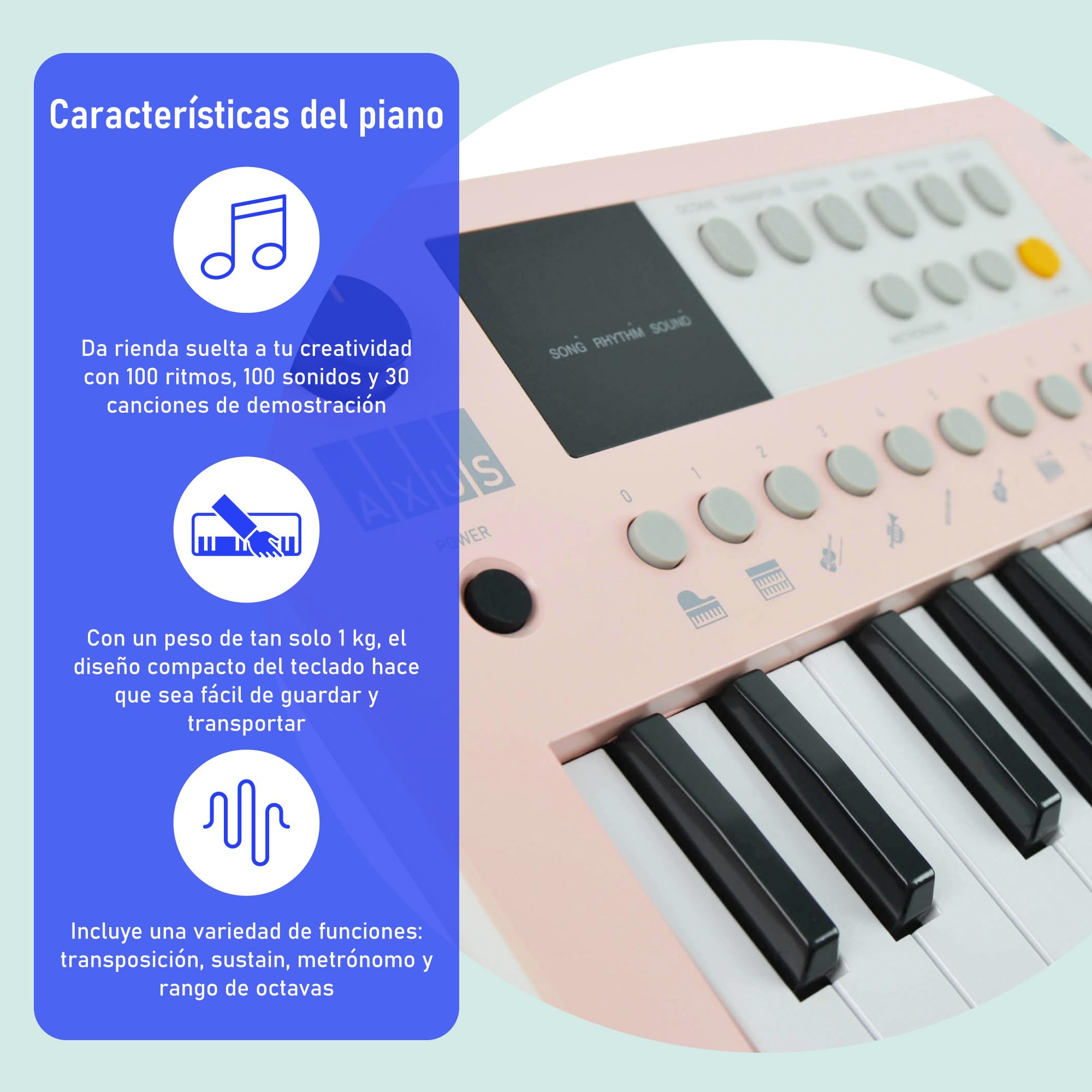 Axus 37 Mini Teclado Portátil En Color Rosa Atardecer: Divertido Piano Eléctrico Para Principiantes, USB-C O Alimentación Por Batería