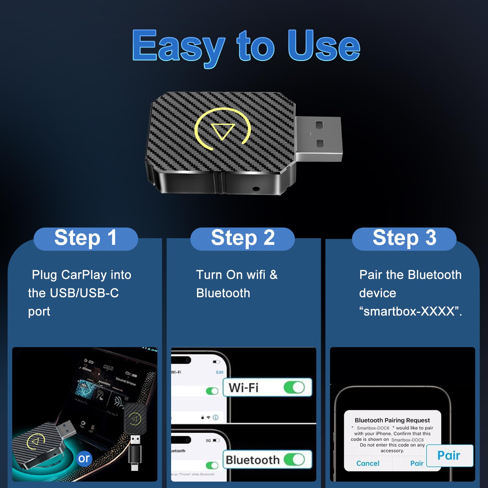 Bezprzewodowy adapter CarPlay, Android Auto Wireless, stabilny, szybki, kompatybilny z iPhone iOS 10+ i Android 11+, do pojazdów z CarPlay