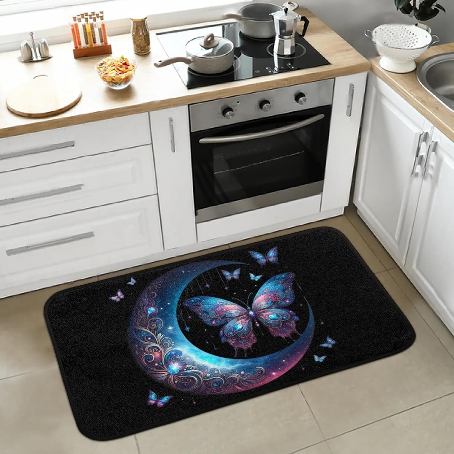 Kitchen Rug Black Animal Butterfly Non-Slip Washable Mats Anti Fatigue Soft Absorbent Carpet Welcome Mat for Kitchen,Indoor,Entryway, Sink,Laundry Home Decor