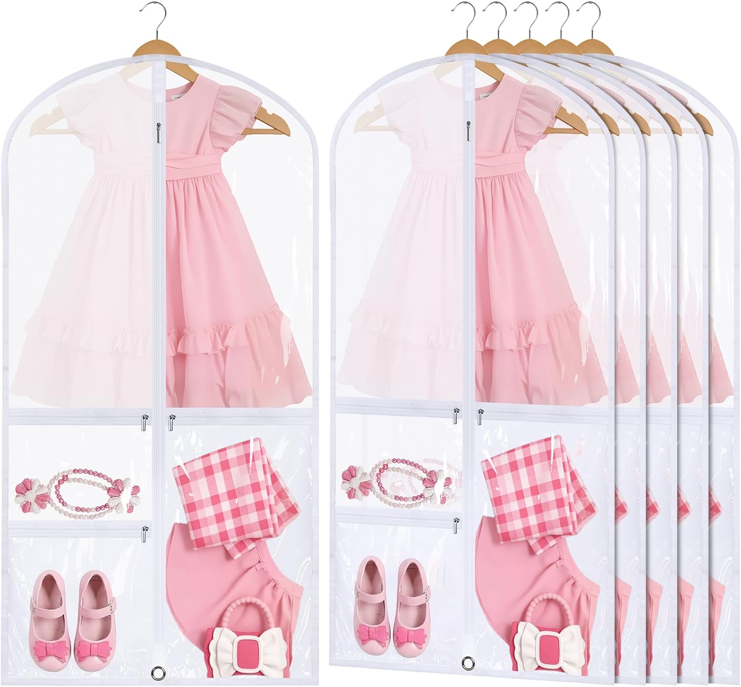 Woanger 6 Pcs Garment Bags for Dance Costumes Clear PVC with Zippers Garment Bag with Pockets Dance Costume Organizer Carrier for Storage Cover for Adult (White,24'' X 60'')